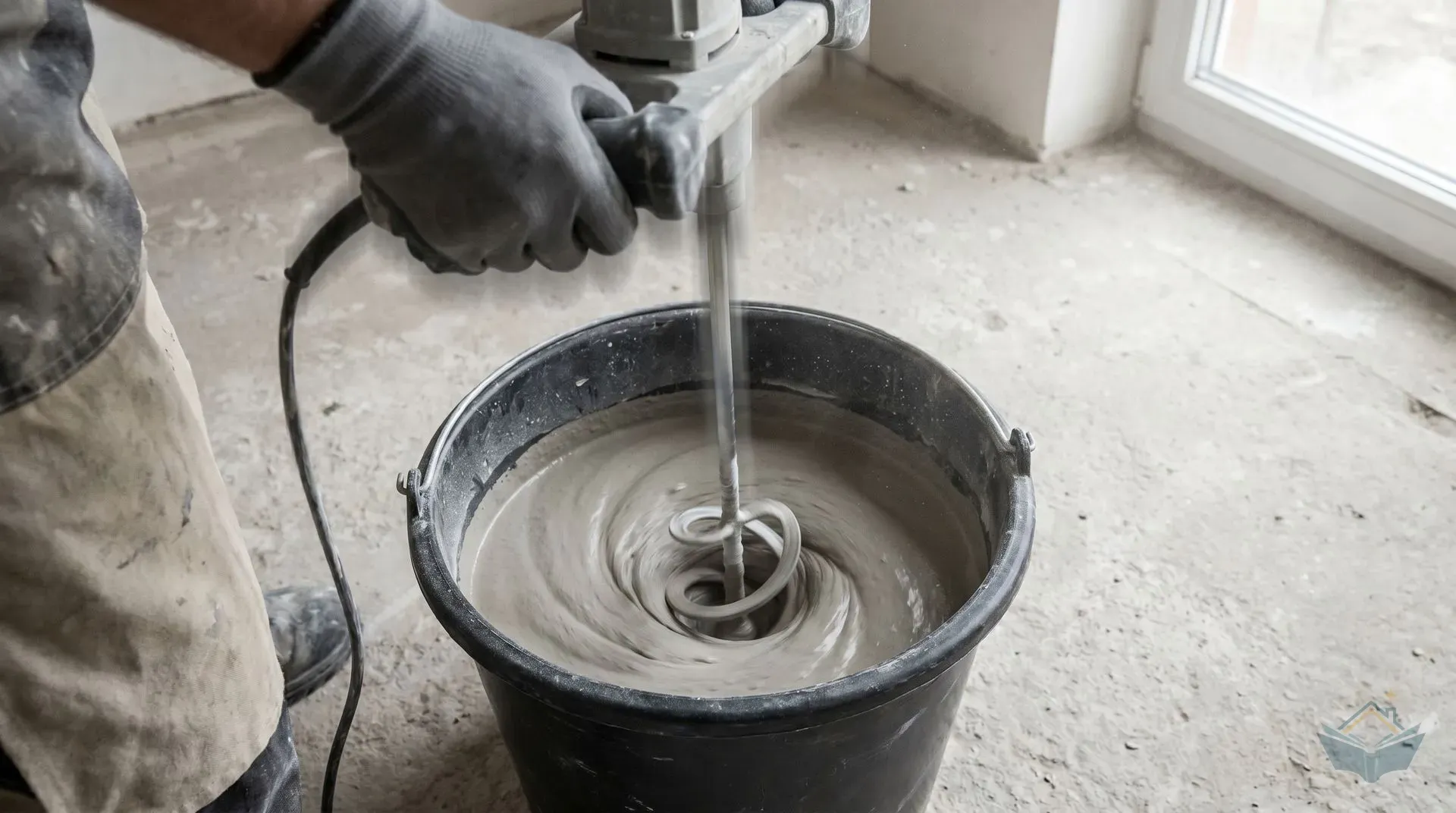 A gloved hand gripping the handle of a corded paddle mixer, with the spiral paddle dipped vertically into a 30-litre black flexible mortar bucket half-full of grey gypsum plaster. The plaster surface shows a vortex pattern around the rotating paddle. The mixer body shows slight motion blur from active lift-and-lower movement during mixing. Concrete workshop floor visible.