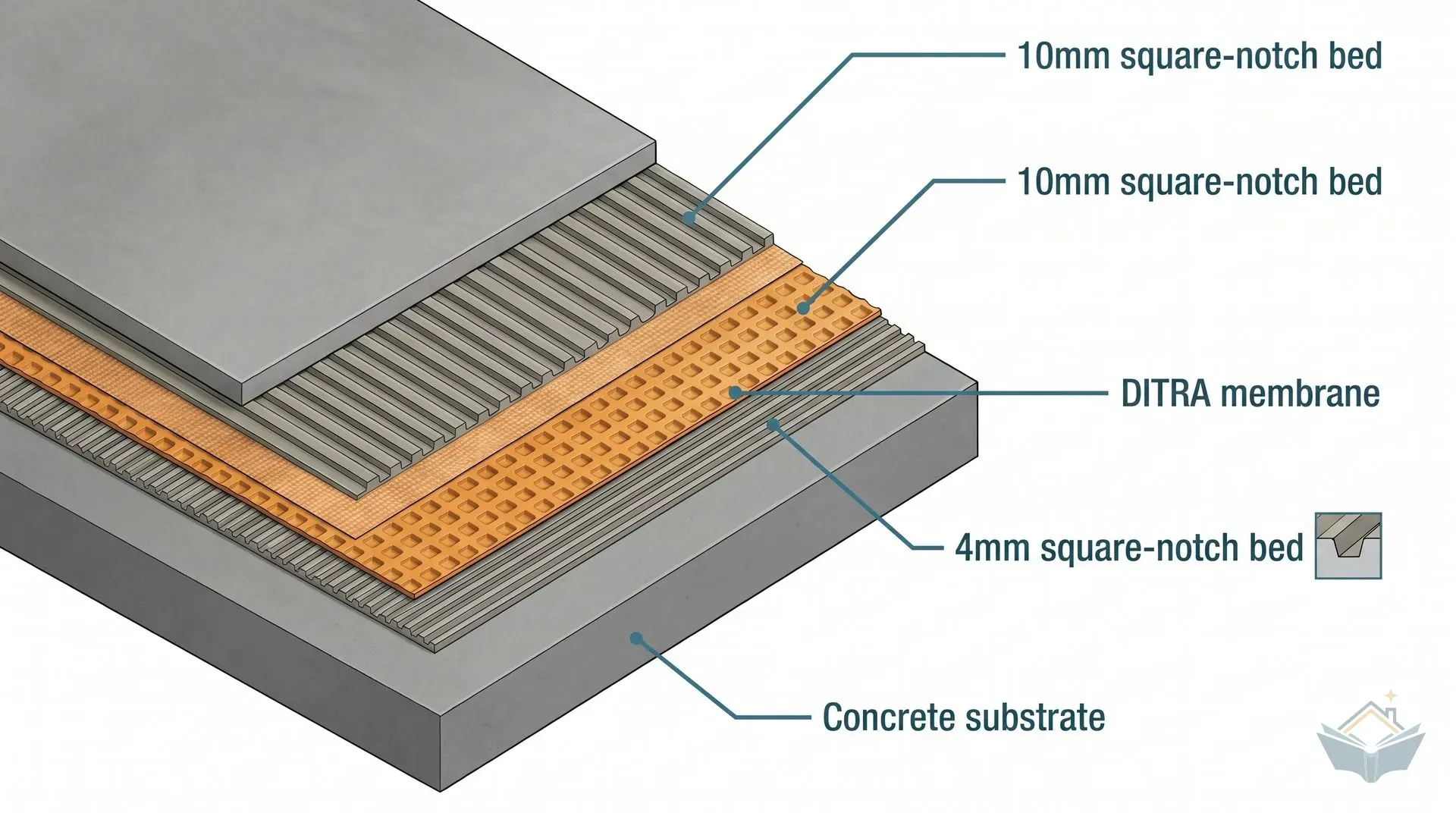 Technical isometric cross-section diagram showing the tiling layer sequence over a decoupling membrane. From bottom to top: concrete substrate, a thin adhesive bed applied with a 4mm square-notch trowel, an orange dimpled decoupling membrane, a deeper adhesive bed applied with a 10mm square-notch trowel, and a large porcelain tile pressed on top. Annotation leader lines identify each layer.