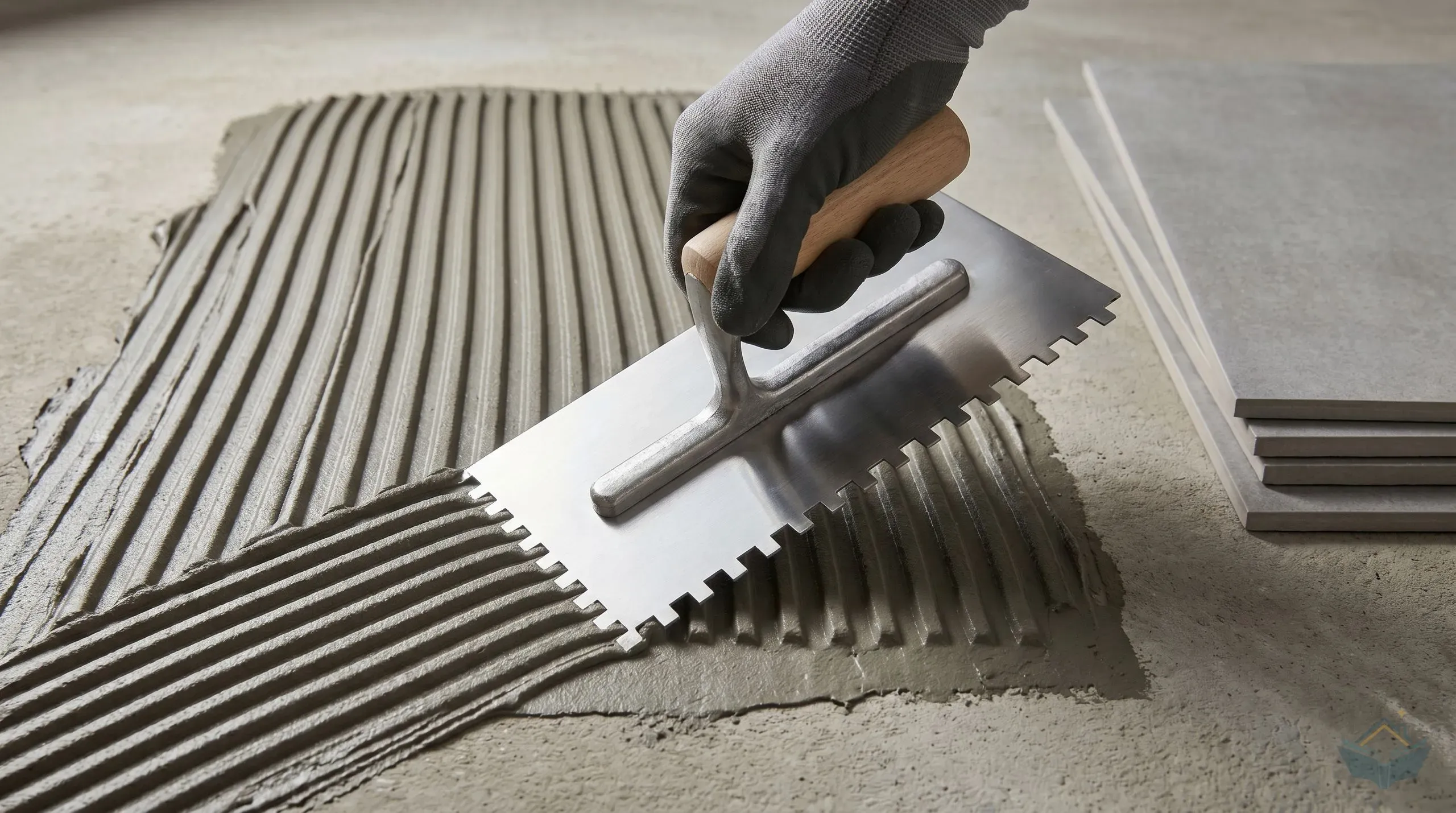 A stainless steel square-notched tiling trowel held at a 45-degree angle spreading grey tile adhesive across a primed concrete floor, with parallel ridges of adhesive visible behind the blade and a stack of large-format porcelain tiles in soft focus alongside
