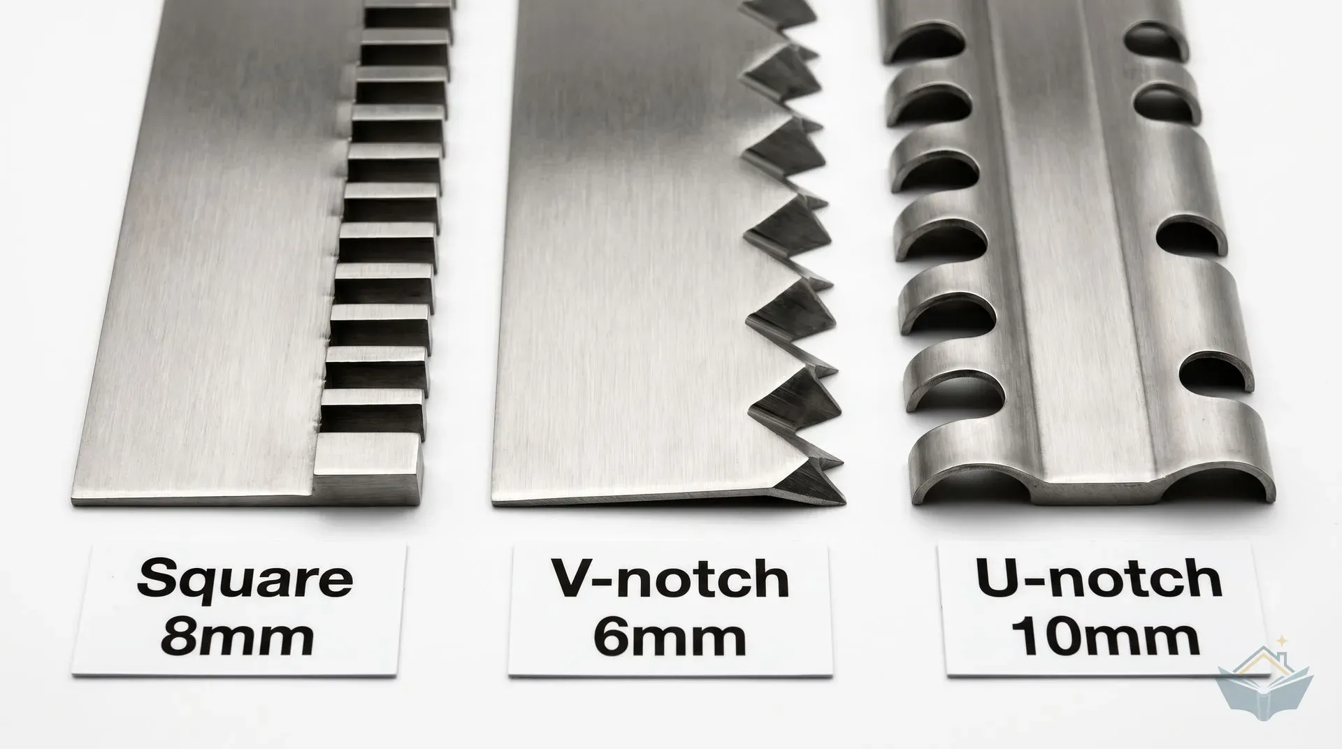 Three notched trowel blade edges shown side by side on a white background. Left: a square-notch blade with rectangular right-angled teeth labelled Square 8mm. Centre: a V-notch blade with triangular pointed teeth labelled V-notch 6mm. Right: a U-notch blade with semicircular curved teeth labelled U-notch 10mm.