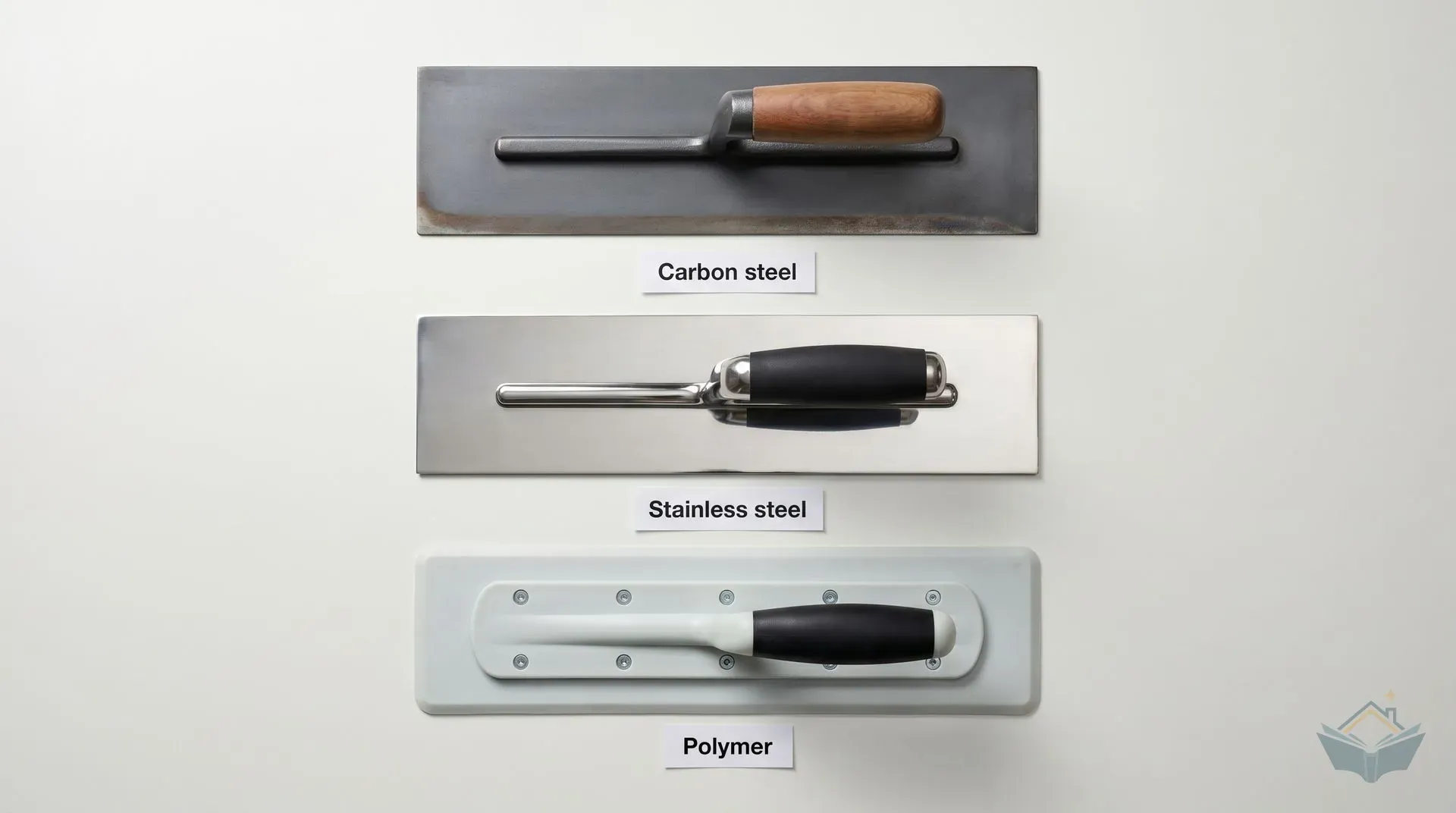 Three plastering trowel blades laid parallel on a workbench, shot from directly overhead: a matte grey carbon steel trowel with wooden handle at the top, a mirror-bright stainless steel trowel with soft-grip handle in the middle, and a flexible white polymer trowel with black handle at the bottom, each labelled by a small card tag.