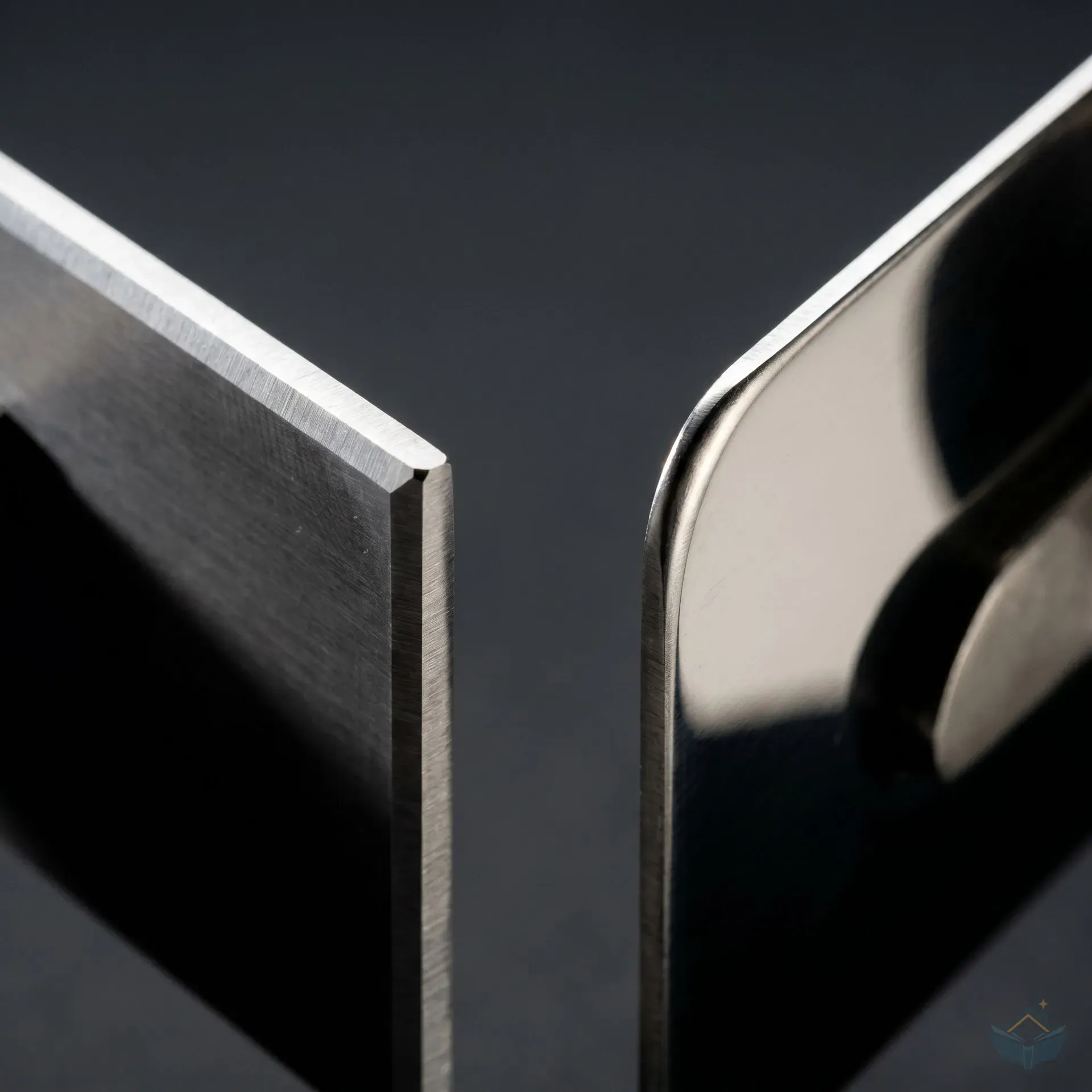 Macro close-up of two trowel blade corners under raking side light: the left corner shows a sharp factory-square 90-degree edge on a flat carbon trowel, while the right corner shows a smooth rounded bevel on a pre-worn stainless trowel, making the difference in geometry immediately visible.