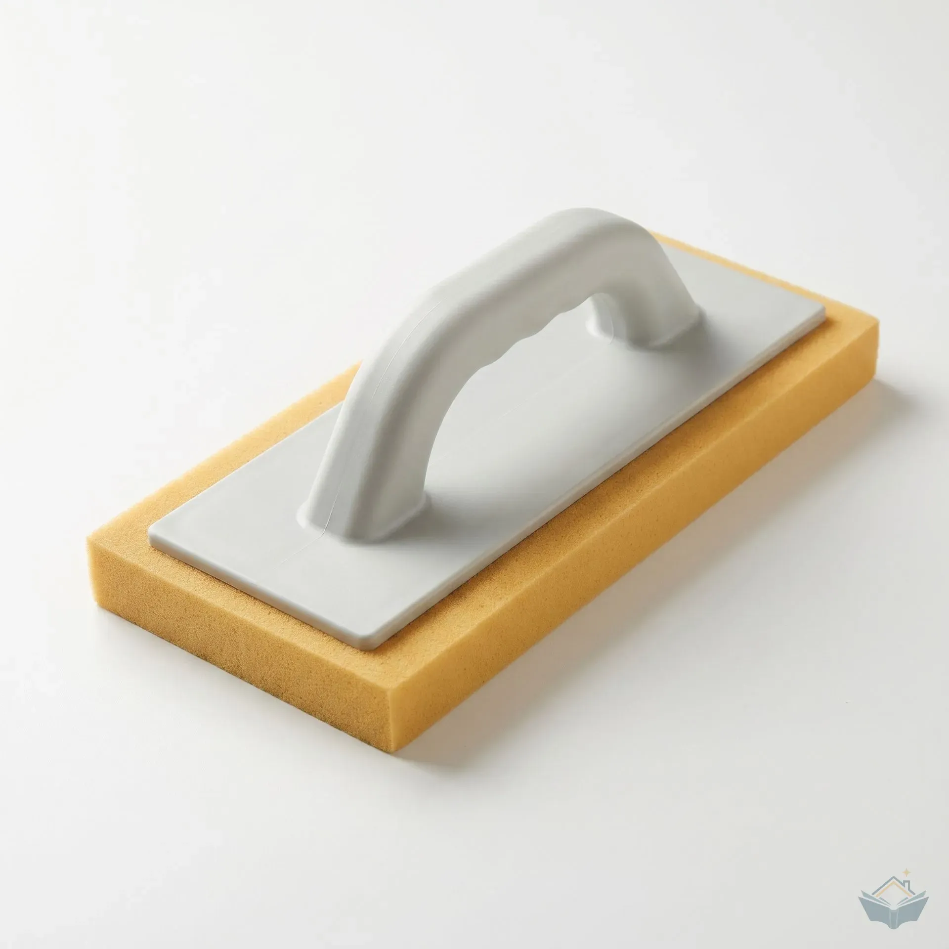 A single fine-grade sponge float resting on a clean white workbench, viewed at a slight angle showing both the soft yellow-orange dense sponge face and the pale grey rigid ABS plastic backing plate and moulded handle. The float is 280mm × 140mm.