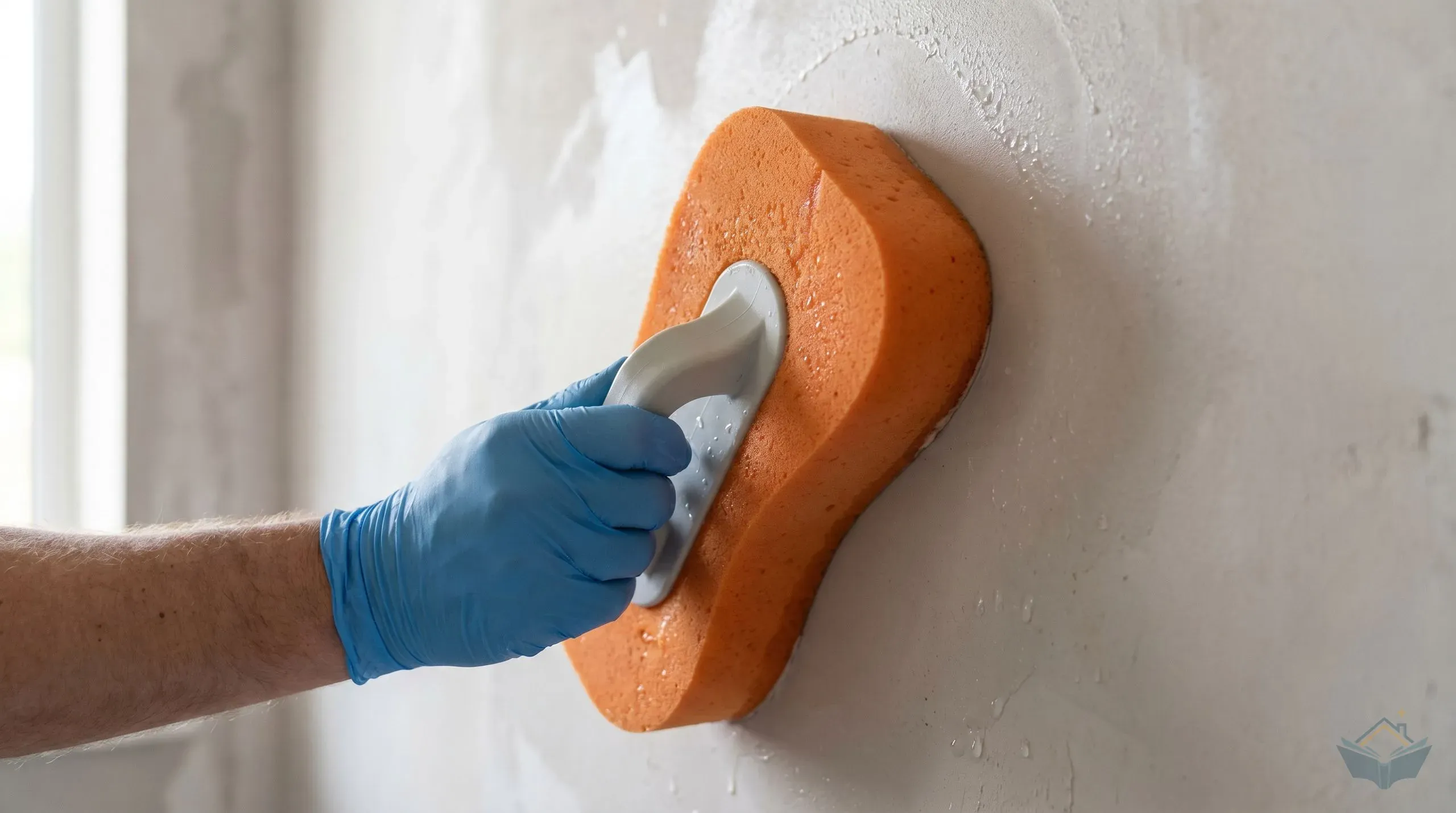 A coarse-grade orange sponge float being worked across a damp cement render wall in a figure-of-eight motion, with the plasterer's gloved hand visible and a clean water bucket on the floor alongside