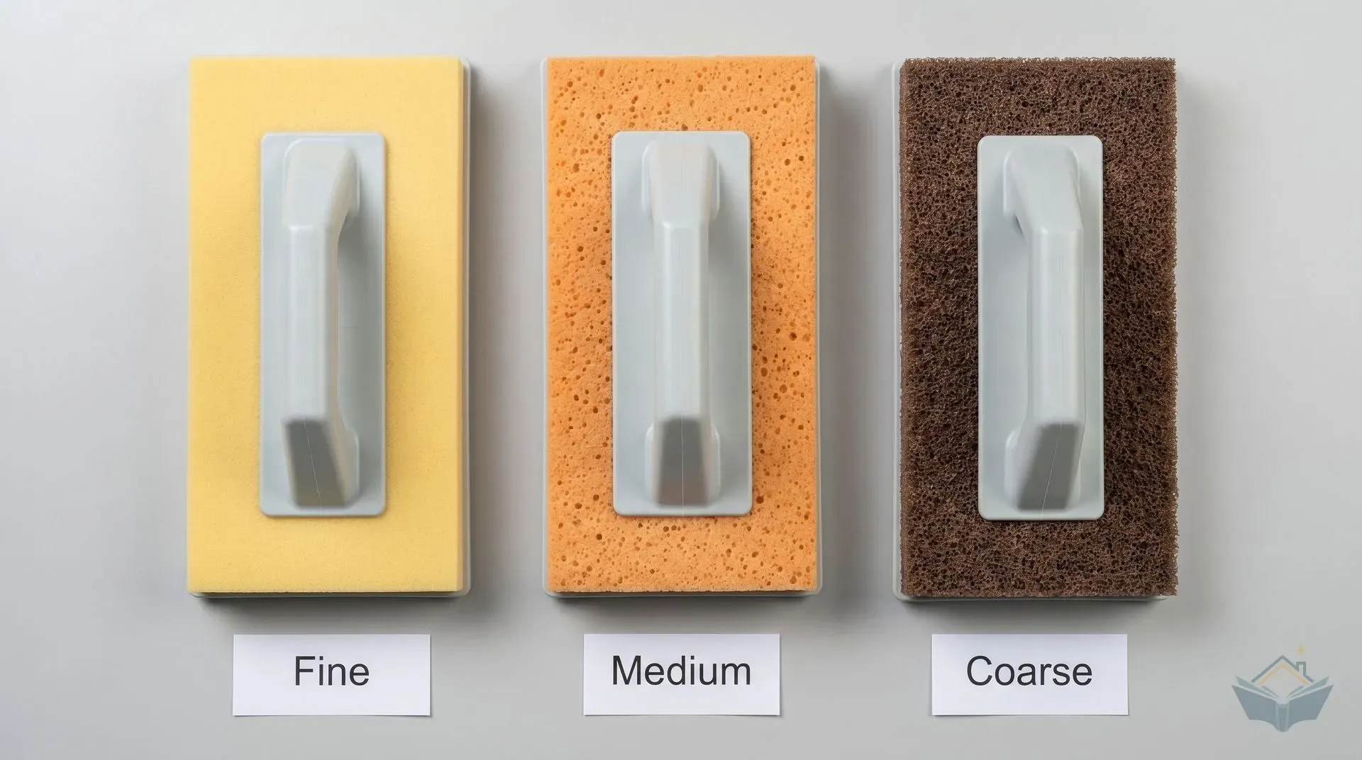 Three sponge floats arranged side by side on a grey workbench, viewed from above: a fine-grade float with a soft yellow sponge face, a medium-grade float with a standard orange sponge face, and a coarse-grade float with a dark brown textured sponge face, each labelled Fine, Medium, and Coarse.