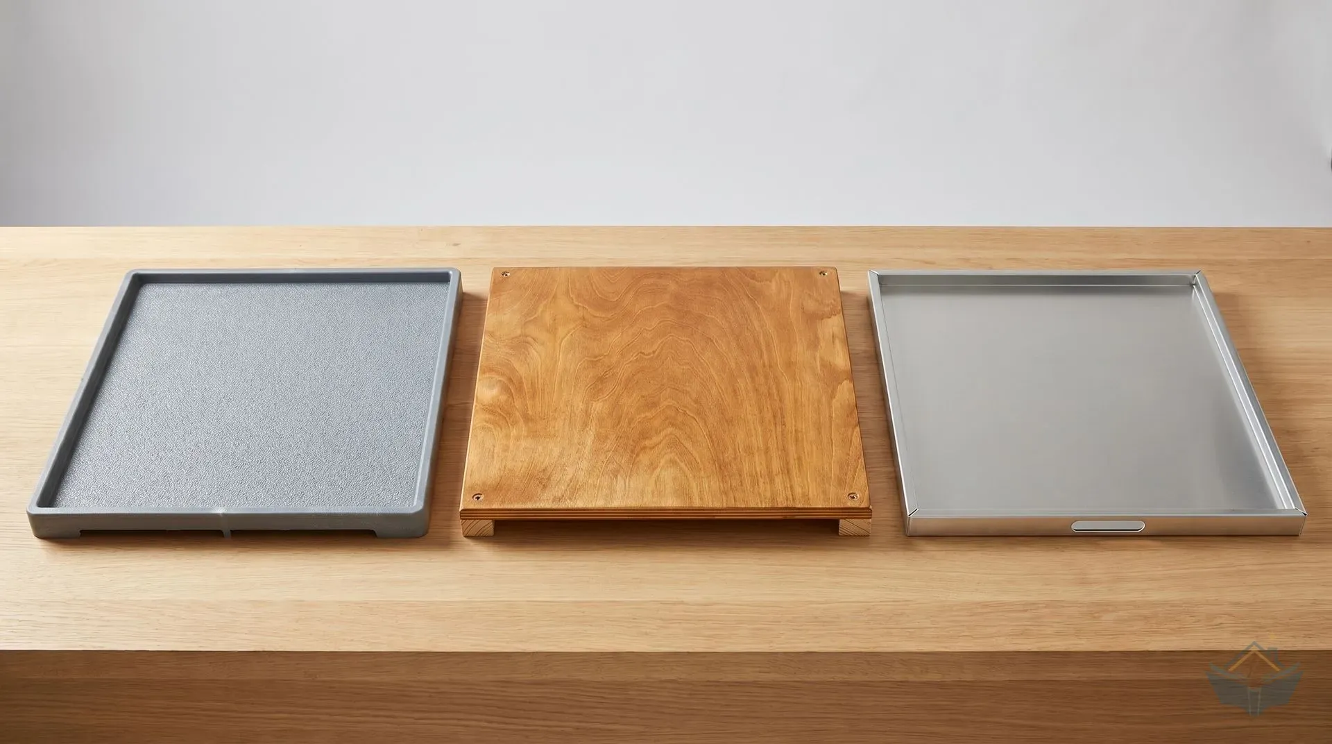 Three 600mm square spot boards laid side by side on a workbench: a mid-grey recycled polypropylene board with textured non-slip surface on the left, a honey-coloured marine plywood board with visible grain and sealed surface in the centre, and a brushed silver aluminium board with pressed raised edges and an integrated carry handle on the right.