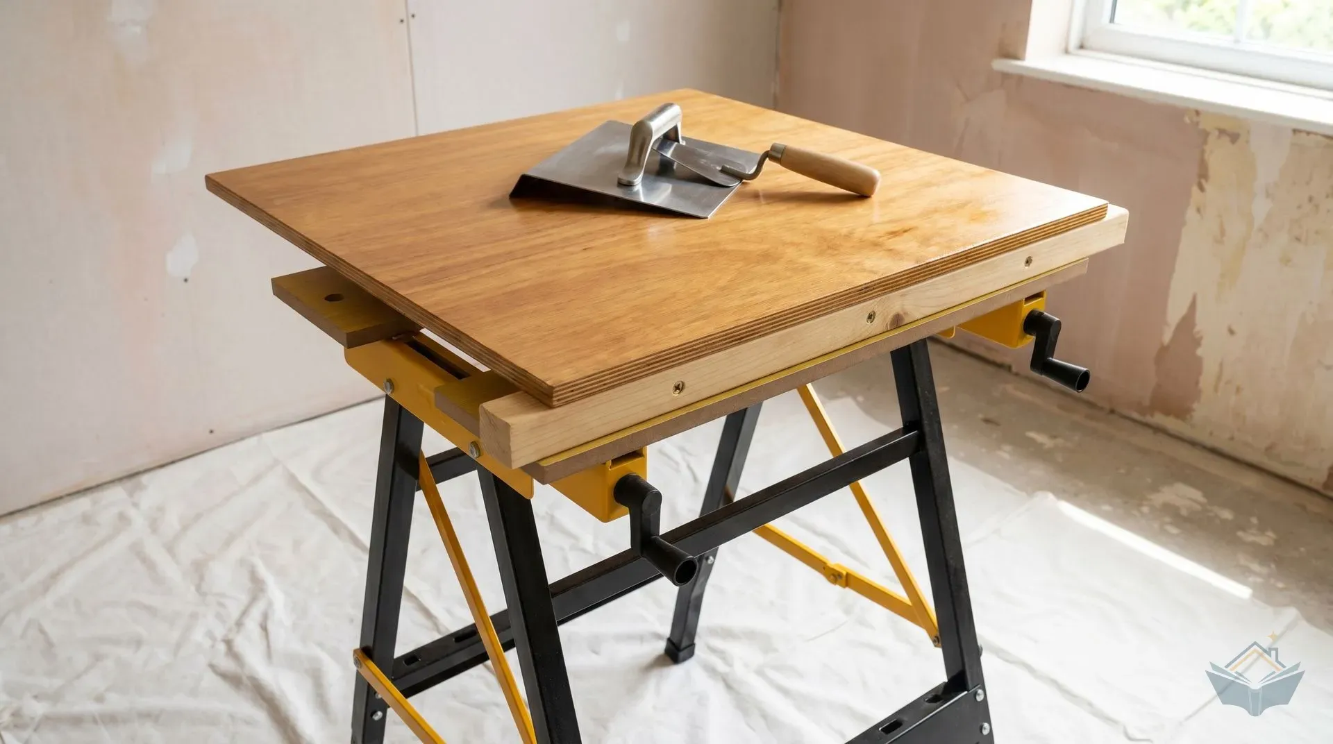 A 600mm square marine plywood spot board with a softwood batten screwed underneath, the batten gripped firmly in the dual-jaw vice of a yellow and black folding portable workbench set at around 800mm height, with a plasterer's hawk and bucket trowel resting on the board surface and a white dust sheet on the floor beneath.
