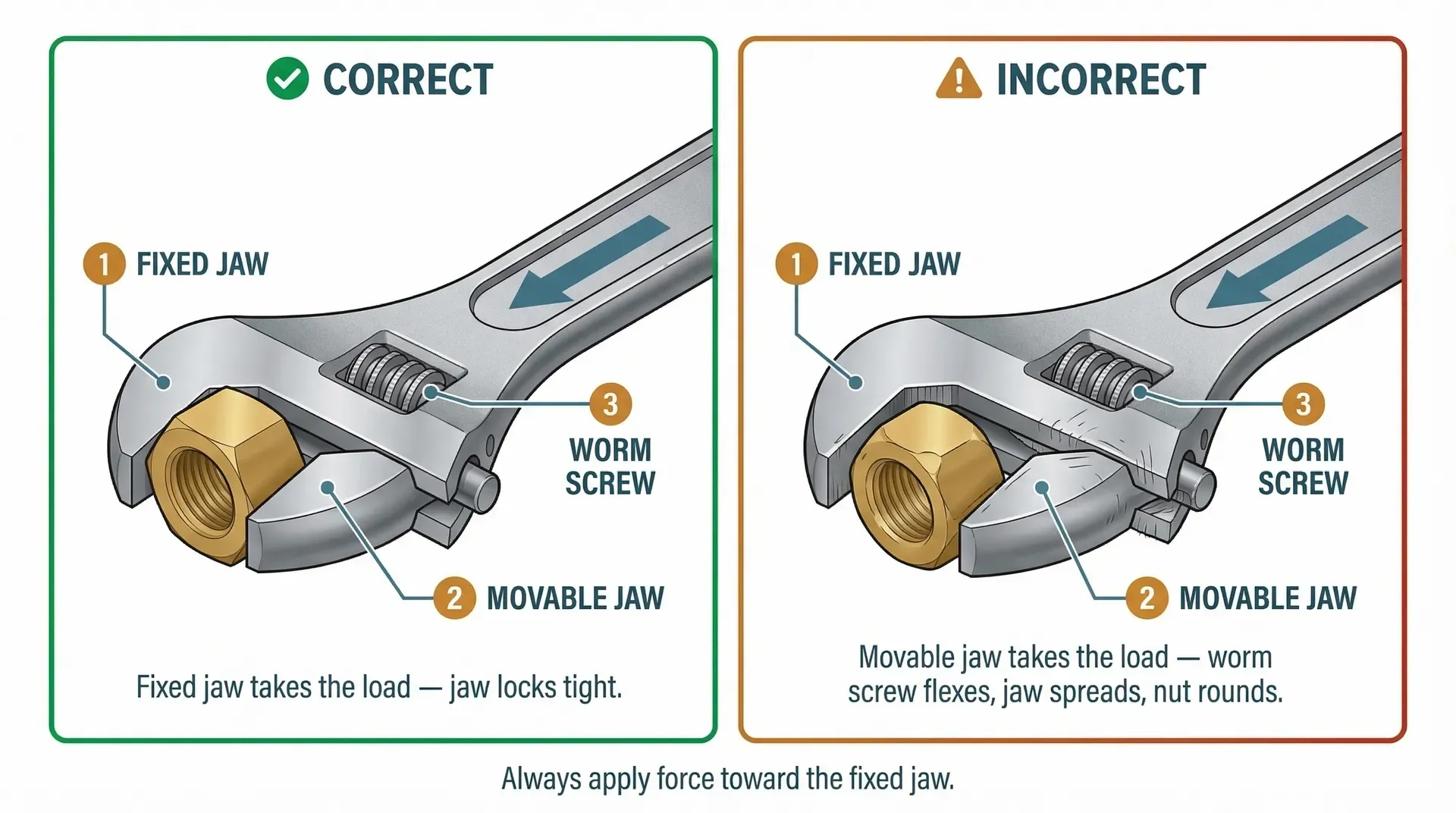 Two side-by-side technical diagrams comparing correct and incorrect adjustable wrench orientation on a hexagonal nut. The left panel shows force directed toward the fixed jaw with a snug fit and the label 'Fixed jaw takes the load, jaw locks tight.' The right panel shows force toward the movable jaw causing the worm screw to flex, a visible gap to open, and the nut to round, labelled 'Movable jaw takes the load, worm screw flexes, jaw spreads, nut rounds.'