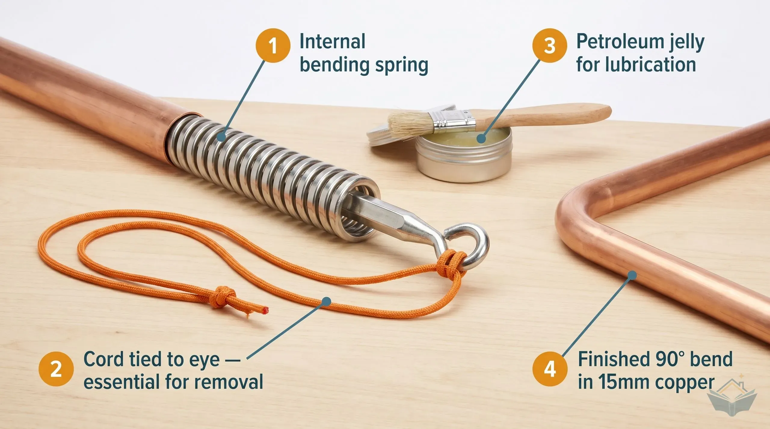 A 15mm internal copper pipe bending spring partially inserted into a length of 15mm copper tube on a workbench, with petroleum jelly tin and a length of cord tied to the spring eye visible alongside