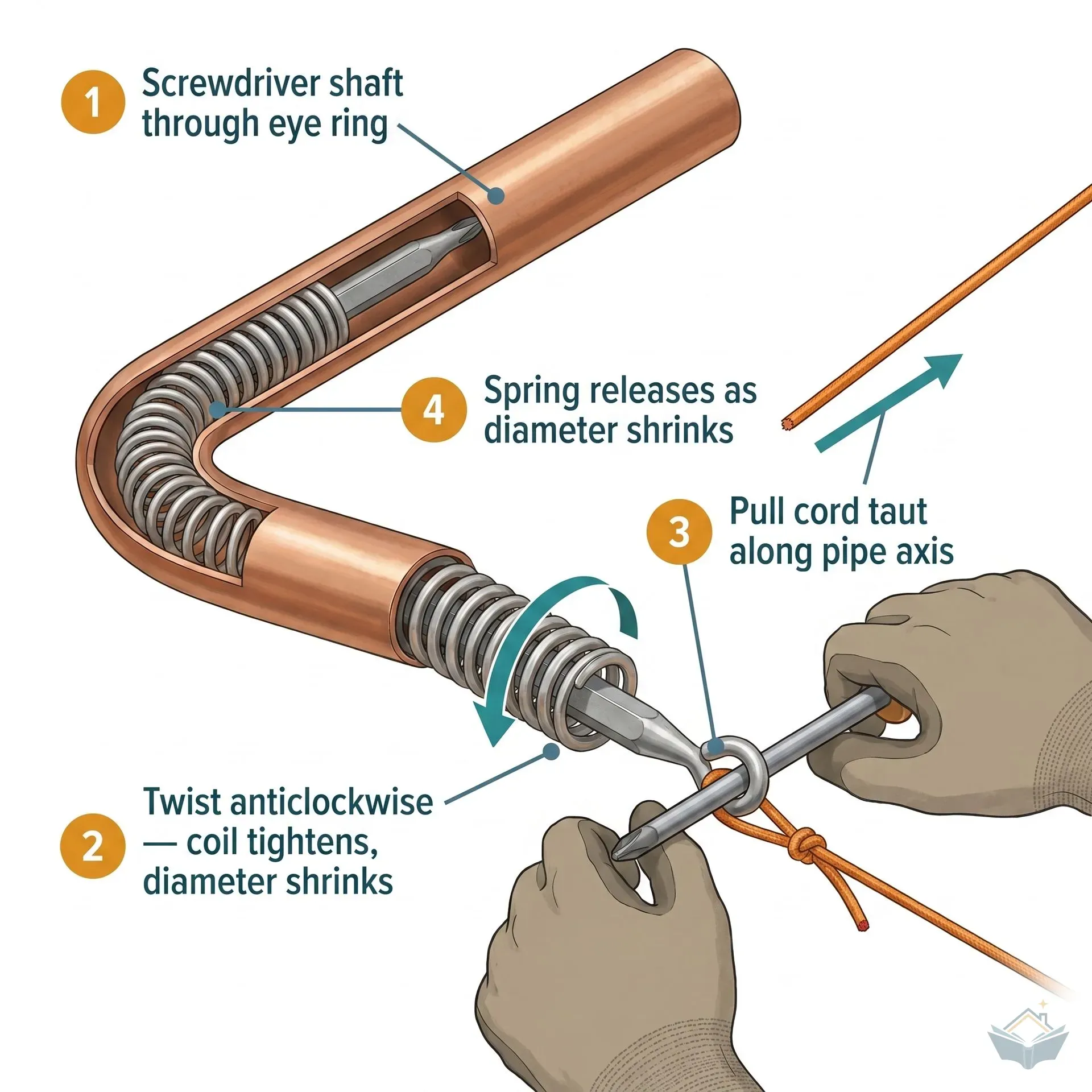 Isometric technical diagram showing how to withdraw a stuck bending spring from a 90-degree bend in 15mm copper pipe. A screwdriver shaft is threaded through the spring eye ring as a lever, with a cord pulled taut along the pipe axis and a curved arrow indicating anticlockwise rotation to reduce the spring coil diameter.