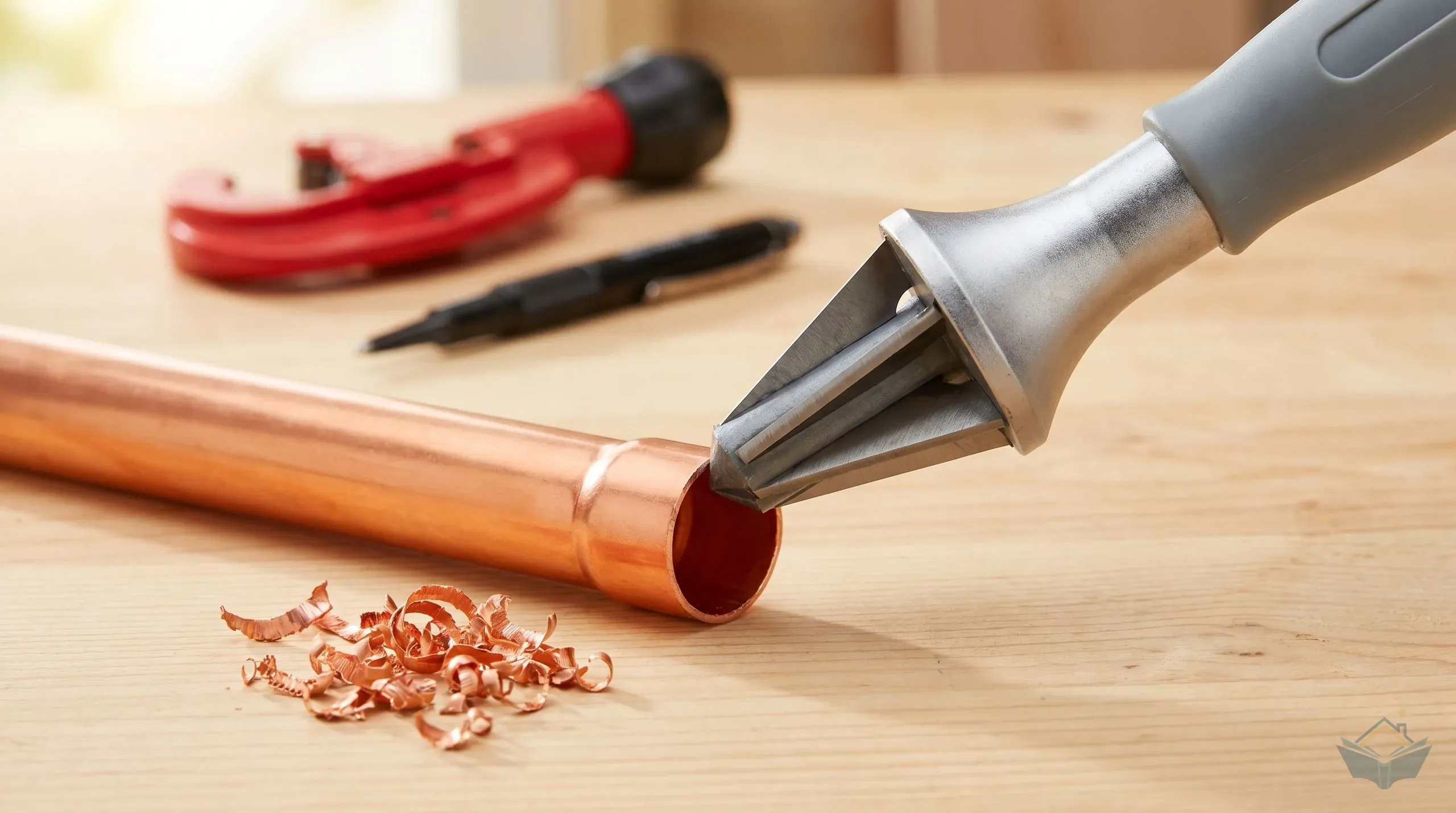 A Y-style internal and external pipe deburrer being rotated inside the cut end of a 22mm copper pipe on a workbench, with copper swarf visible on the surface