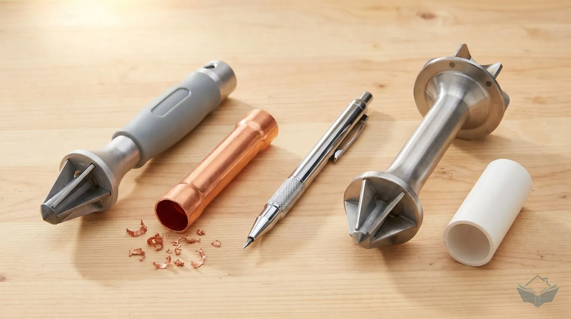 Three pipe deburring tools laid side by side on a light wood workbench: a Y-shaped internal and external deburrer on the left with visible cutting blades, a slender pen-style pocket reamer in the centre with a pocket clip, and a stainless steel waste pipe deburrer on the right with a wider blade arrangement. A short copper pipe offcut sits between the first two tools; a white PVC pipe offcut sits beside the third.