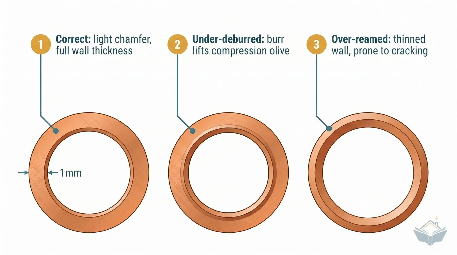 Three end-on cross-section views of 15mm copper pipe side by side: the left shows a correctly deburred pipe end with a clean chamfer and full wall thickness; the centre shows an under-deburred pipe with a raised internal burr; the right shows an over-reamed pipe with a visibly thinned cut edge. Each section is labelled with a numbered amber badge and dark teal annotation text.