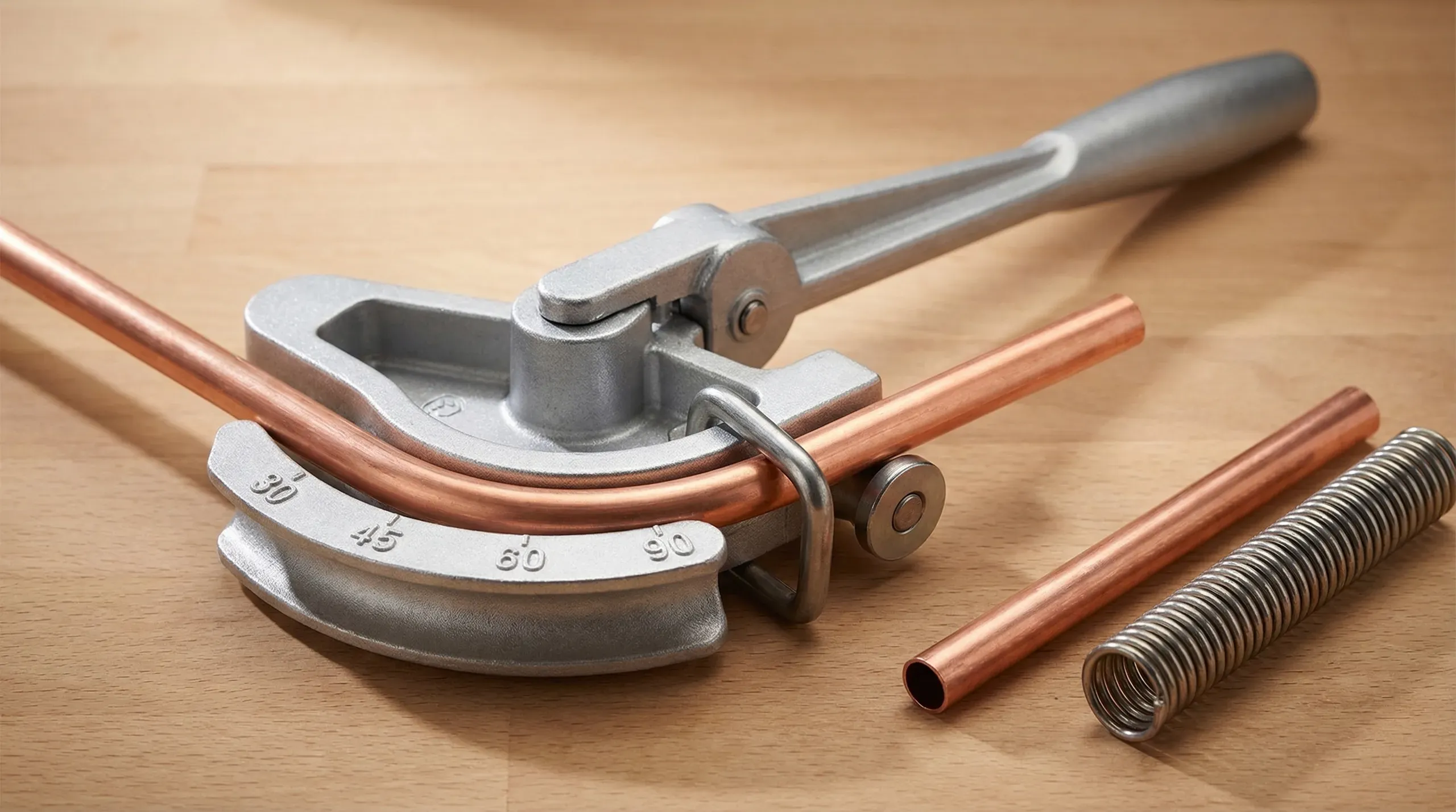 A lever pipe bender with 15mm copper pipe loaded in the former, showing degree markings on the aluminium guide and the lever arm mid-bend on a workshop bench
