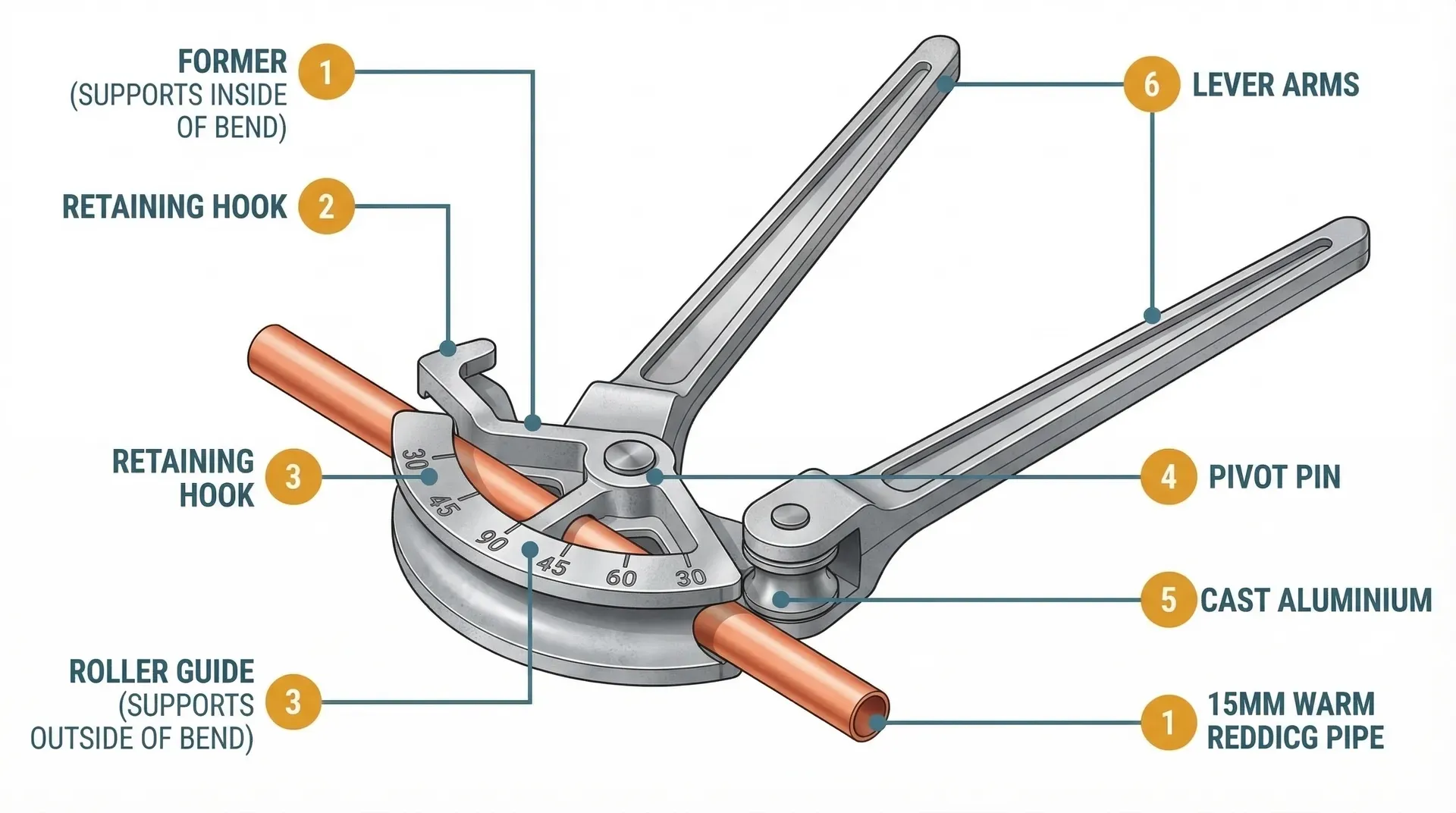Annotated technical diagram of a handheld lever pipe bender in the open position, with numbered callouts identifying the former that supports the inside of the bend, the retaining hook, the roller guide opposite the former, the pivot pin, the degree markings on the former face, and the two lever arms. A length of 15mm copper pipe is shown positioned ready to be loaded.