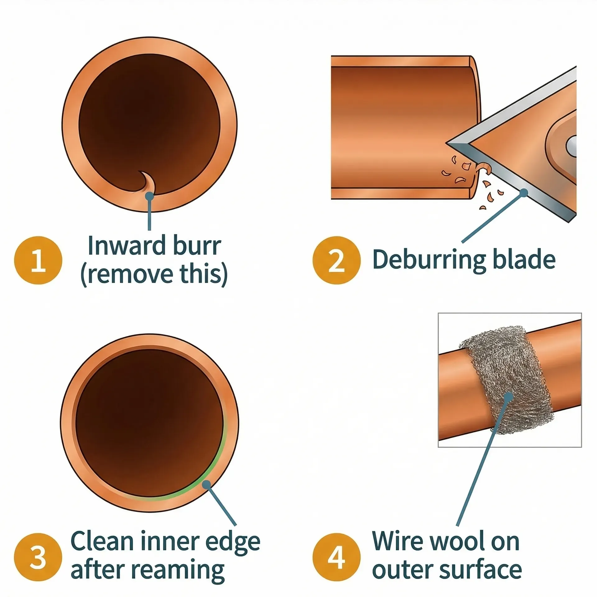 Four-panel technical diagram showing the pipe deburring process: an end-on view of a cut copper pipe with an inward burr on the inner edge; a triangular deburring blade inserted at an angle removing the burr; the same pipe end after reaming showing a clean smooth inner edge; and wire wool wrapped around the outer surface of the pipe for soldering preparation.