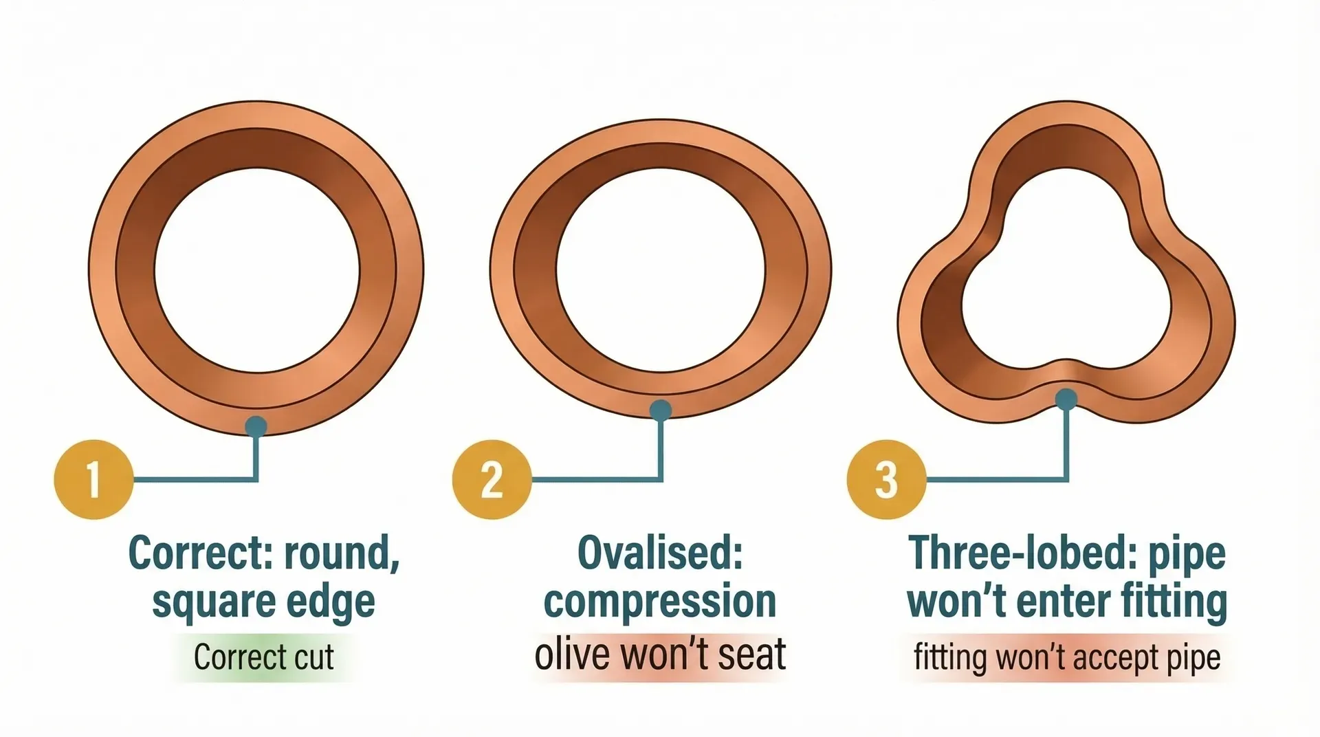 Three end-on cross-section views of 15mm copper pipe showing the difference between a correct clean round cut and two failure modes caused by over-tightening an adjustable pipe cutter: an ovalised pipe and a three-lobed clover-shaped deformation. Labels indicate that the ovalised pipe prevents the compression olive from seating, and the three-lobed pipe won't enter any fitting.