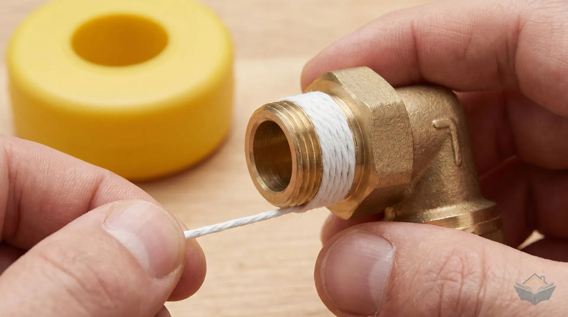 Close-up of hands wrapping white pipe sealing cord clockwise around a brass half-inch BSP male thread. Multiple taut turns are visible building from the open end inward, with a yellow plastic cord dispenser visible in the background.