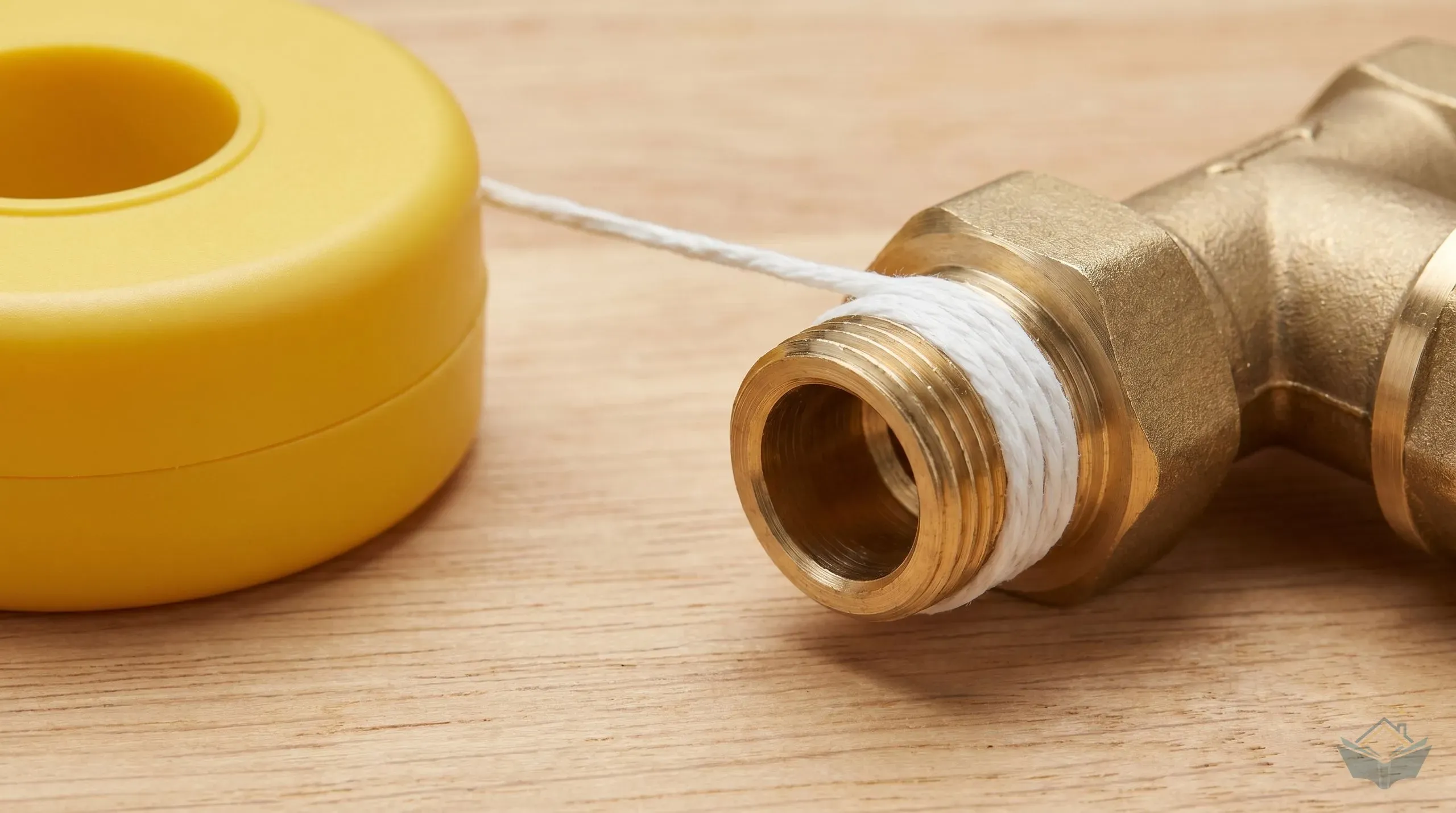 A roll of pipe sealing cord in its yellow plastic dispenser, with a length of cord pulled out and wrapped clockwise around a brass male BSP thread on a workbench