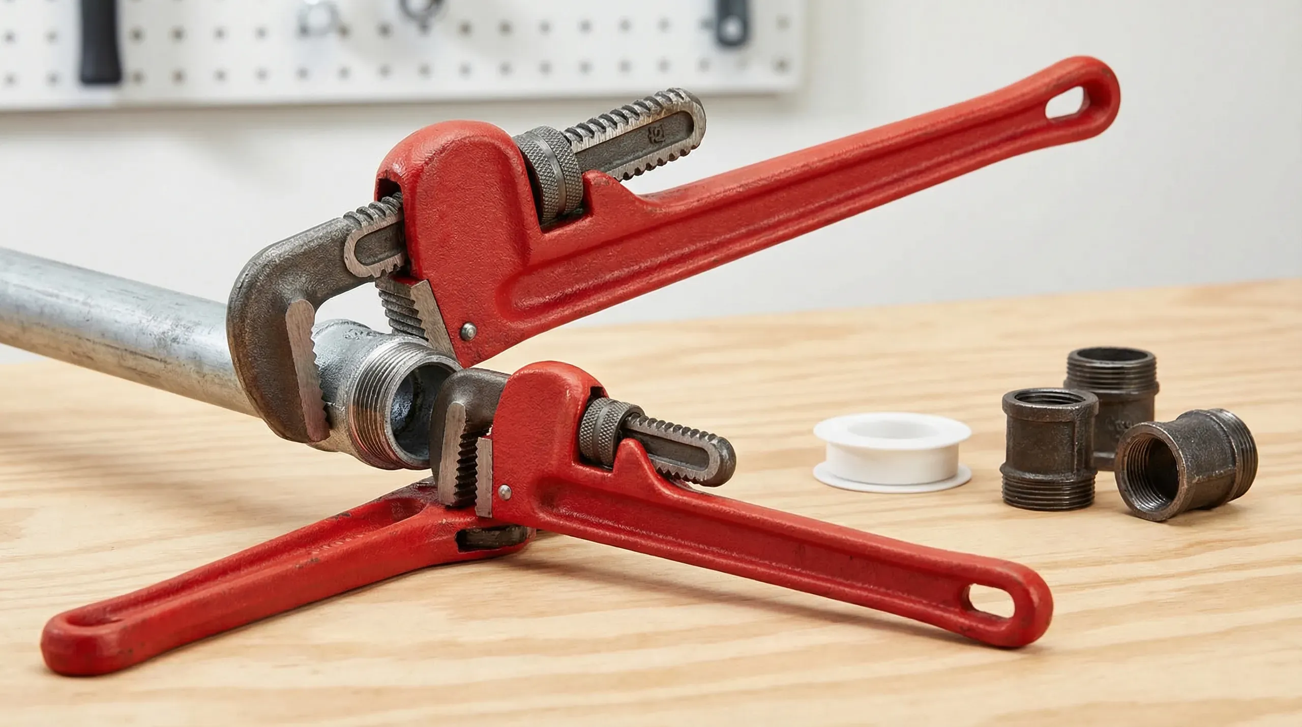 A 14-inch pipe wrench gripping a galvanised steel threaded pipe fitting on a workbench, with a second smaller pipe wrench holding the pipe stationary
