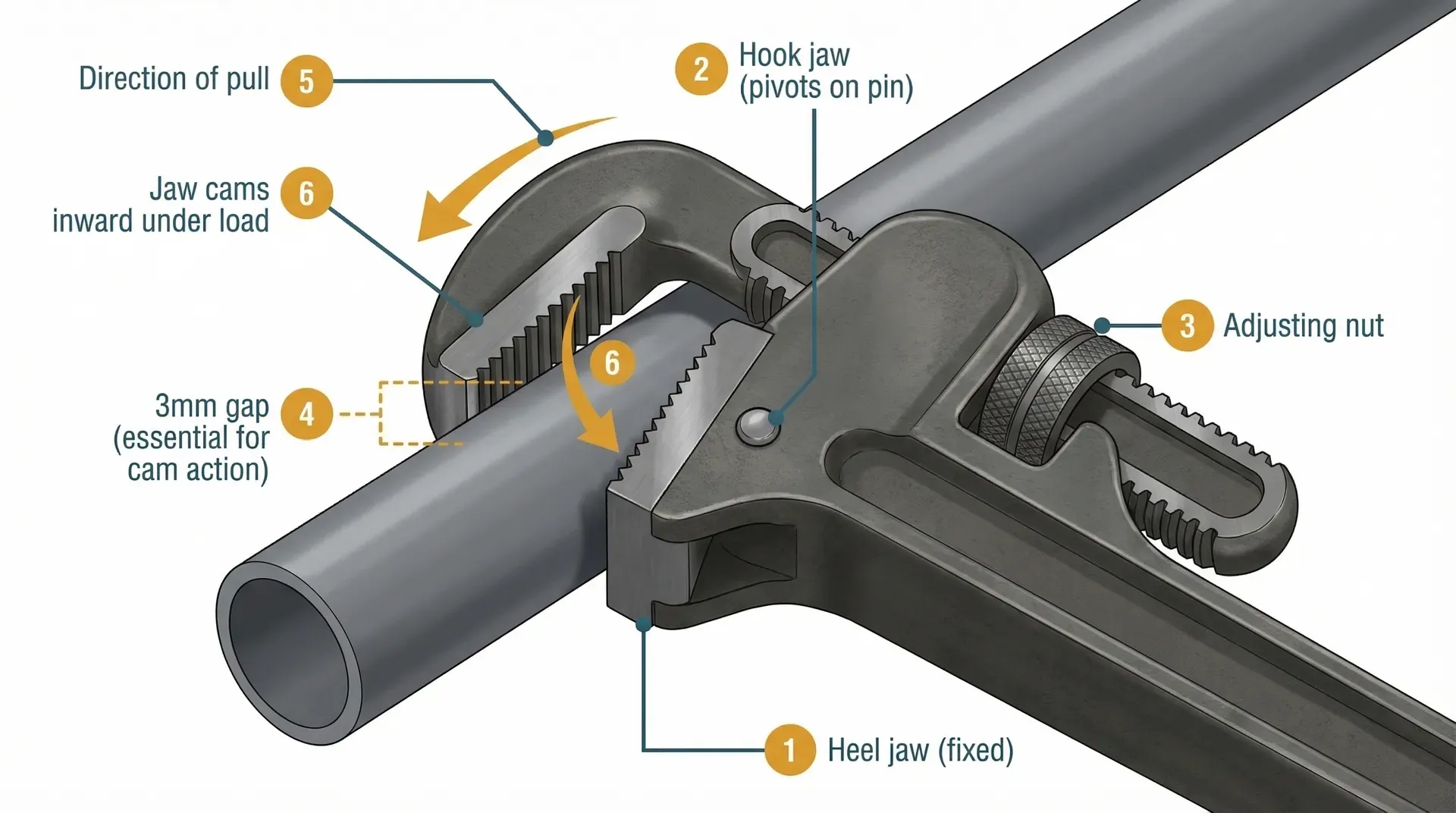 Annotated cross-section diagram of a pipe wrench jaw assembly gripping a round steel pipe. Labels identify the heel jaw (fixed), hook jaw (pivots on pin), adjusting nut, and the critical 3mm gap between the hook jaw and pipe surface. Arrows show the direction of handle pull and the cam action of the hook jaw rotating inward to grip the pipe under load. Serrated teeth on both jaws are visible engaging the pipe surface.