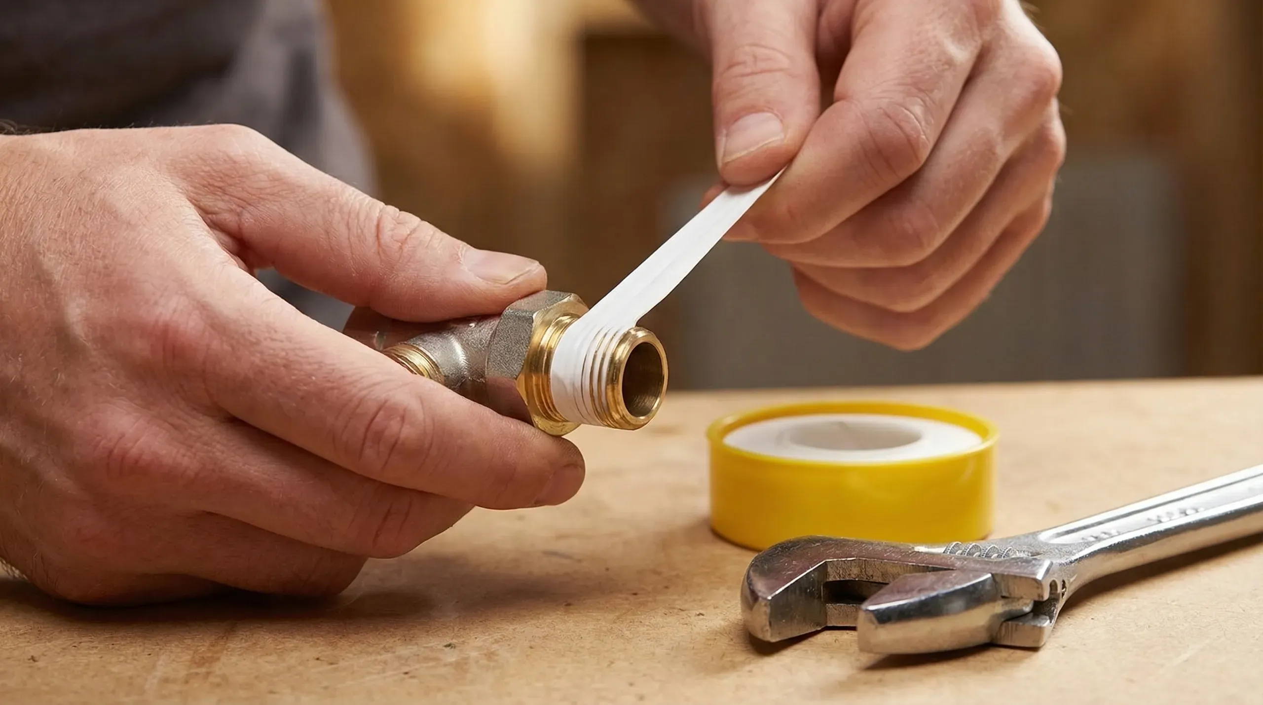 A roll of white PTFE tape being wrapped clockwise around the male thread of a brass radiator valve tail piece, with the tape pulled taut at an angle against the threads