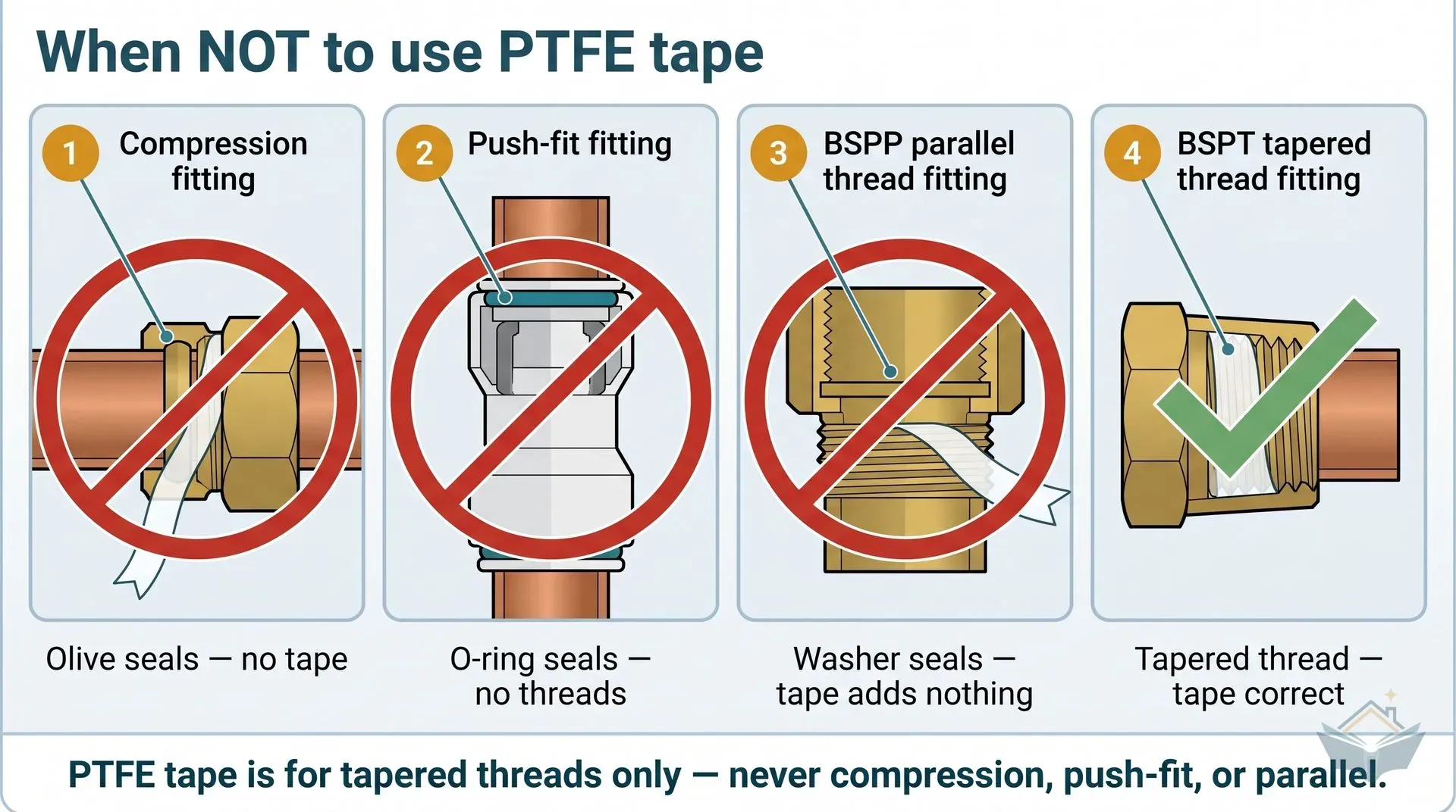 Four cross-section panels of plumbing fittings showing where PTFE tape must not be used: panel 1 shows a copper compression fitting with brass olive and a red prohibition symbol; panel 2 shows a push-fit coupling with internal O-ring and a red prohibition symbol; panel 3 shows a BSPP parallel-thread fitting with rubber flat-face washer and a red prohibition symbol; panel 4 shows a BSPT tapered-thread fitting with correctly applied PTFE tape and a green tick. A footer strip reads: PTFE tape is for tapered threads only, never compression, push-fit, or parallel.