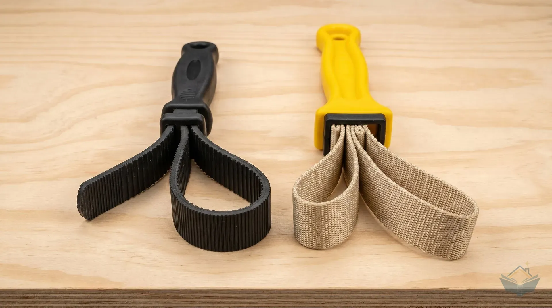 Two strap wrenches placed side by side on a plywood workbench: on the left a small black rubber strap wrench with ribbed vulcanised rubber strap and moulded plastic handle, on the right a larger wrench with yellow handle and beige woven nylon strap , both half-extended so the difference in strap material is clearly visible.