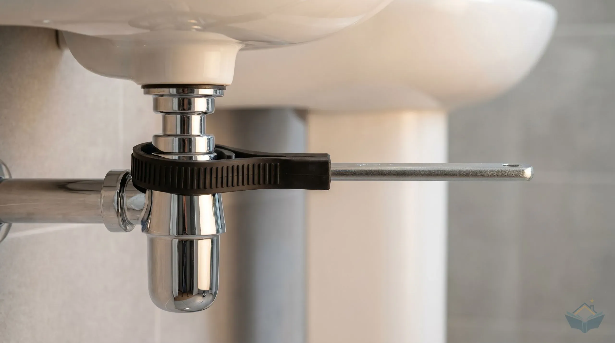A black rubber strap wrench wrapped around a chrome bottle trap under a wash basin, with the metal handle held to one side and the chrome surface unmarked