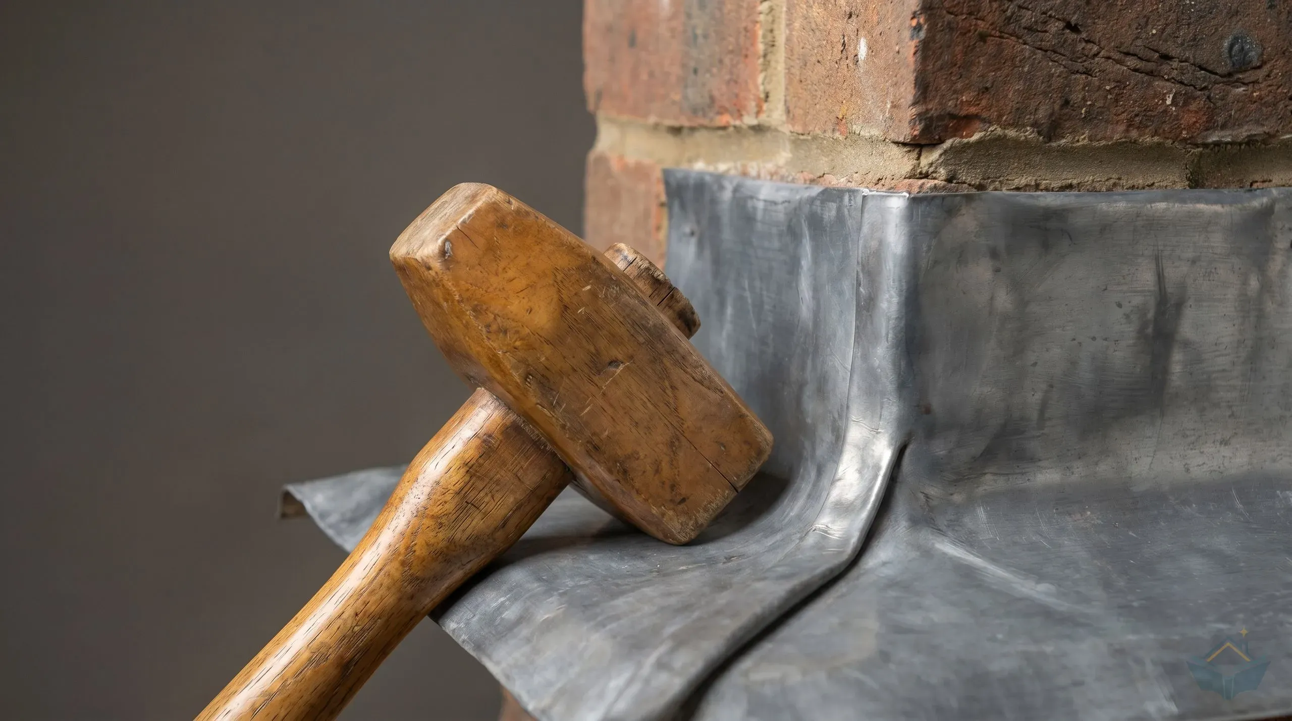 A traditional boxwood bossing mallet alongside a sheet of Code 4 lead being dressed around a chimney corner with the wedge-shaped mallet head shown shaping the lead at the corner radius