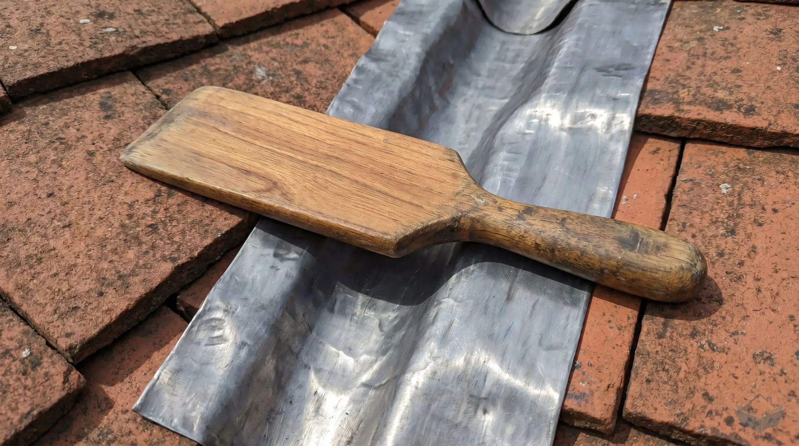 A flat boxwood lead dresser tool being drawn across freshly bossed Code 4 lead step flashing on a tiled roof, smoothing the lead surface against the tile profile