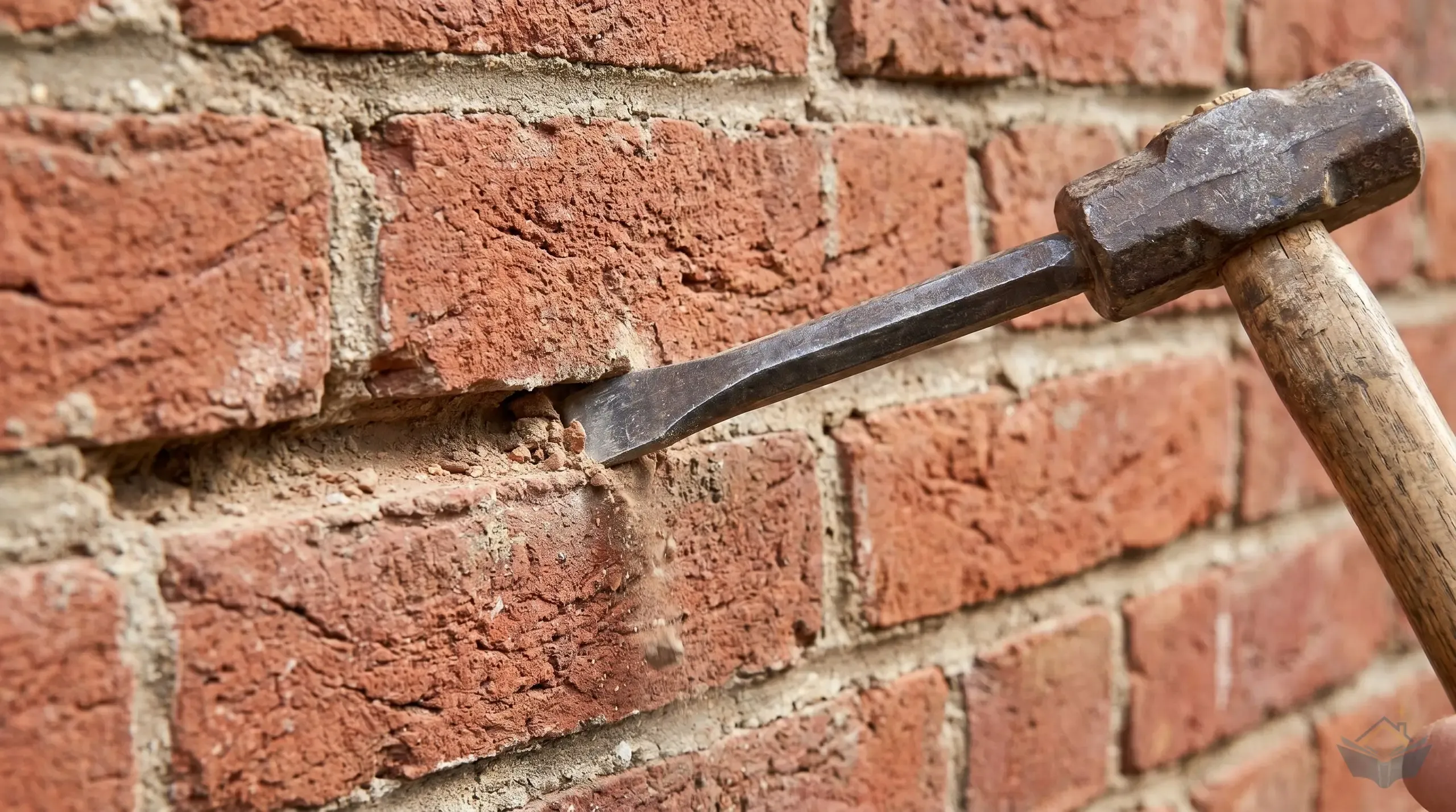 A plugging chisel with a club hammer raking out a horizontal mortar joint in brick to form a chase ready to receive the upturned edge of a lead step flashing