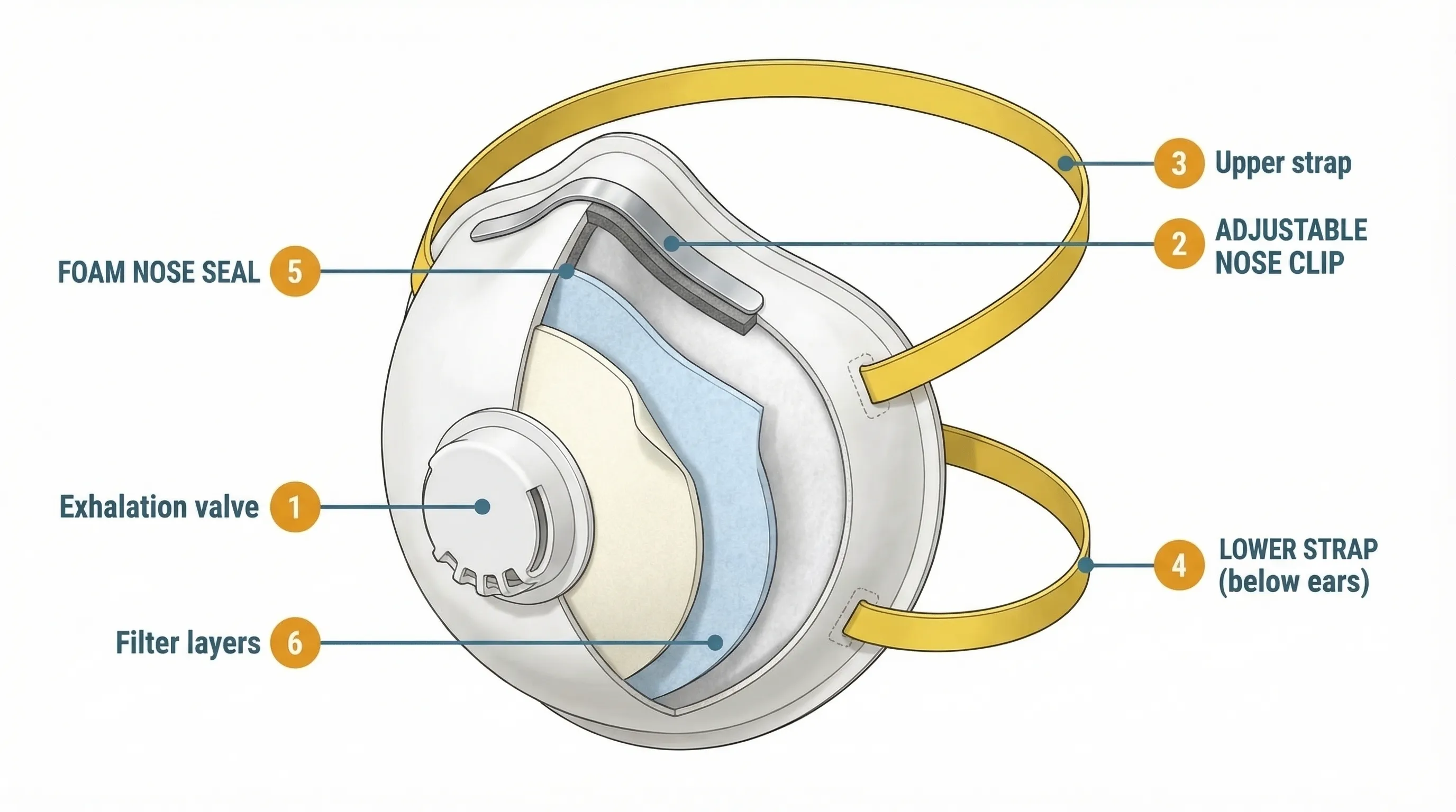Annotated cutaway diagram of an FFP2 cup-shaped valved dust mask showing the exhalation valve on the front, adjustable nose clip at the top, upper and lower head straps, foam nose seal strip, and three internal filter layers (outer shell, electrostatic filter, and inner comfort layer).