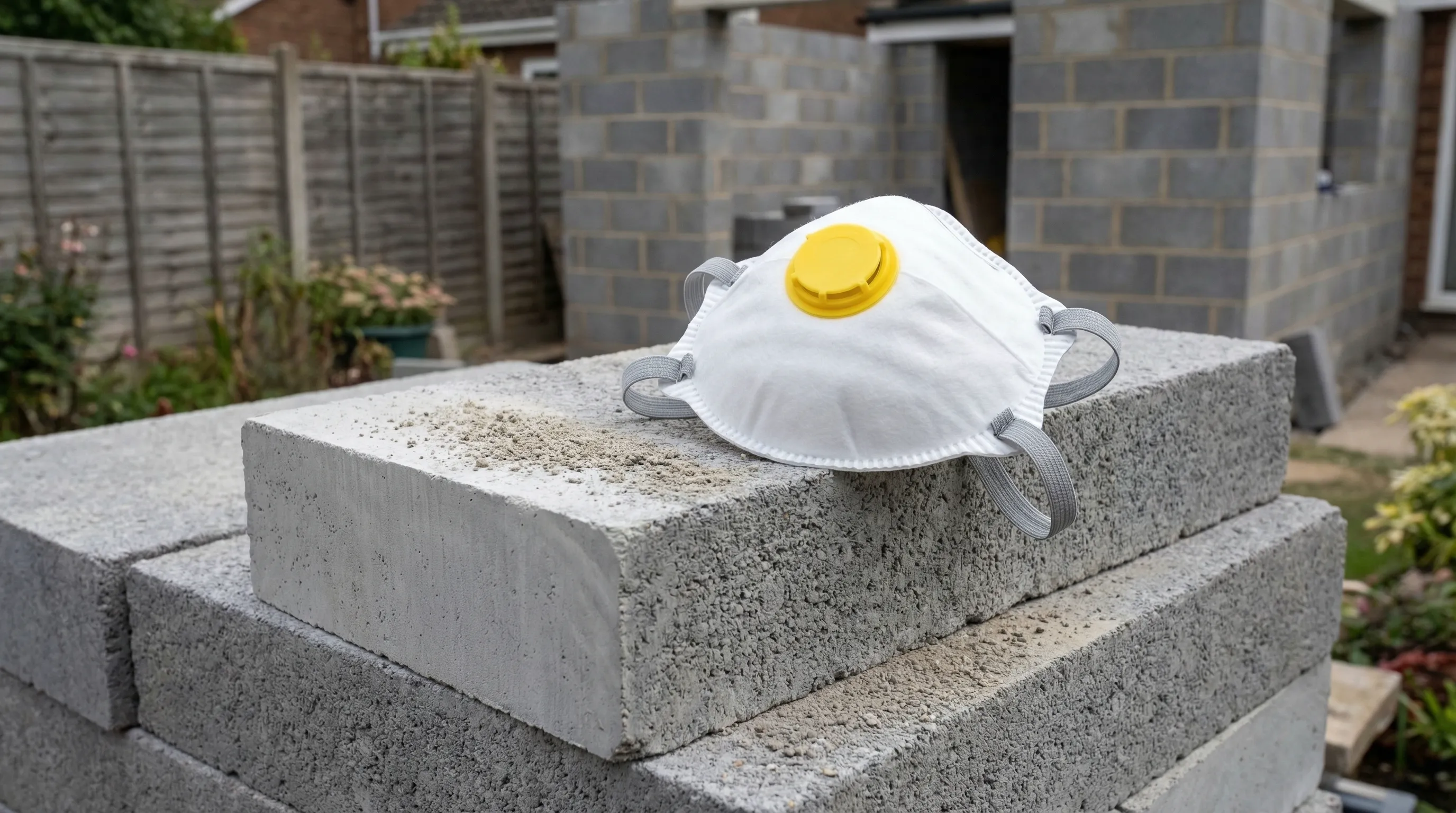 White FFP3 valved dust mask resting on a stack of dense concrete blocks next to a cut block with visible dust residue