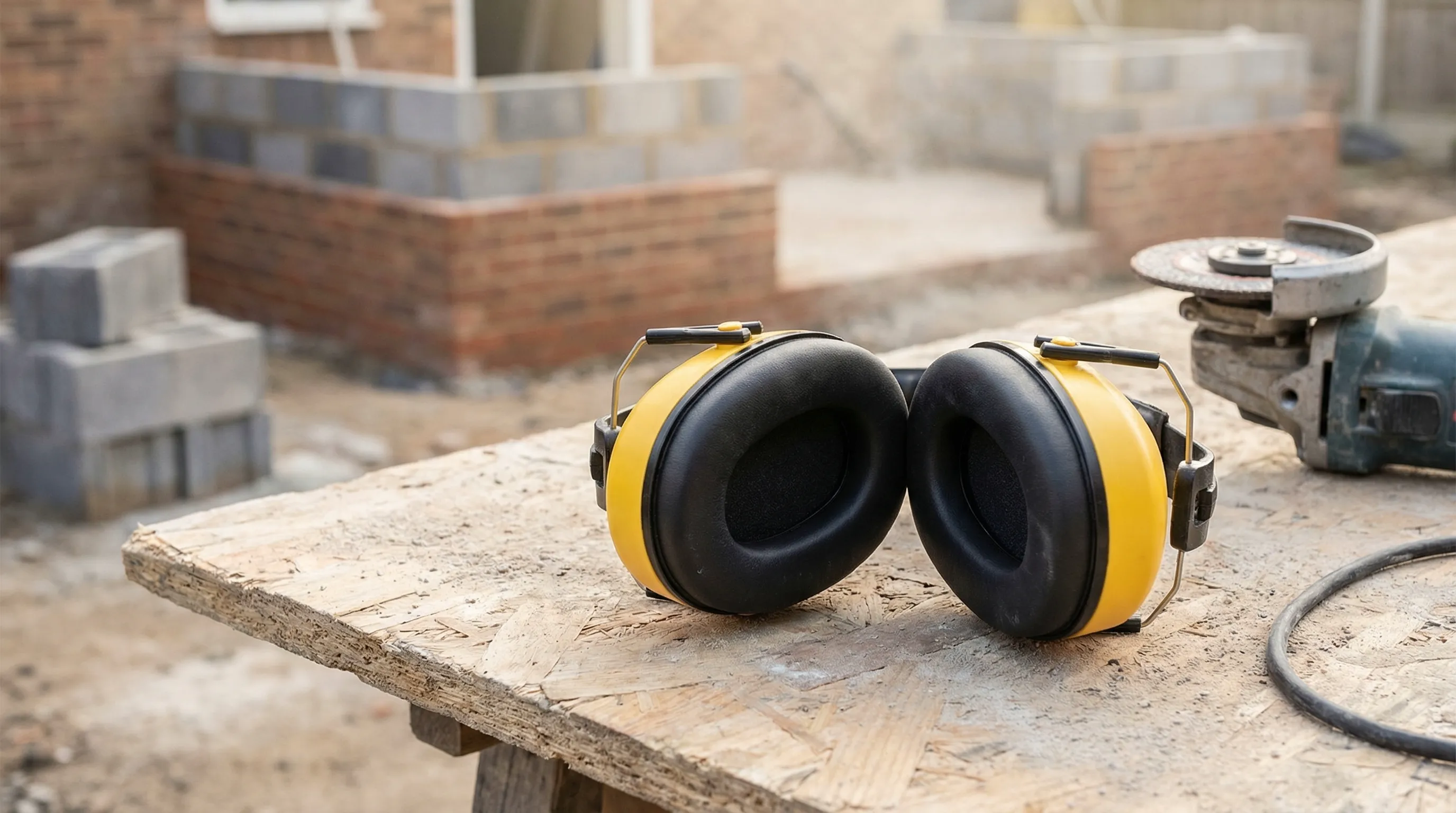 Yellow 3M Peltor ear defenders resting on a workbench next to an angle grinder at a residential extension site