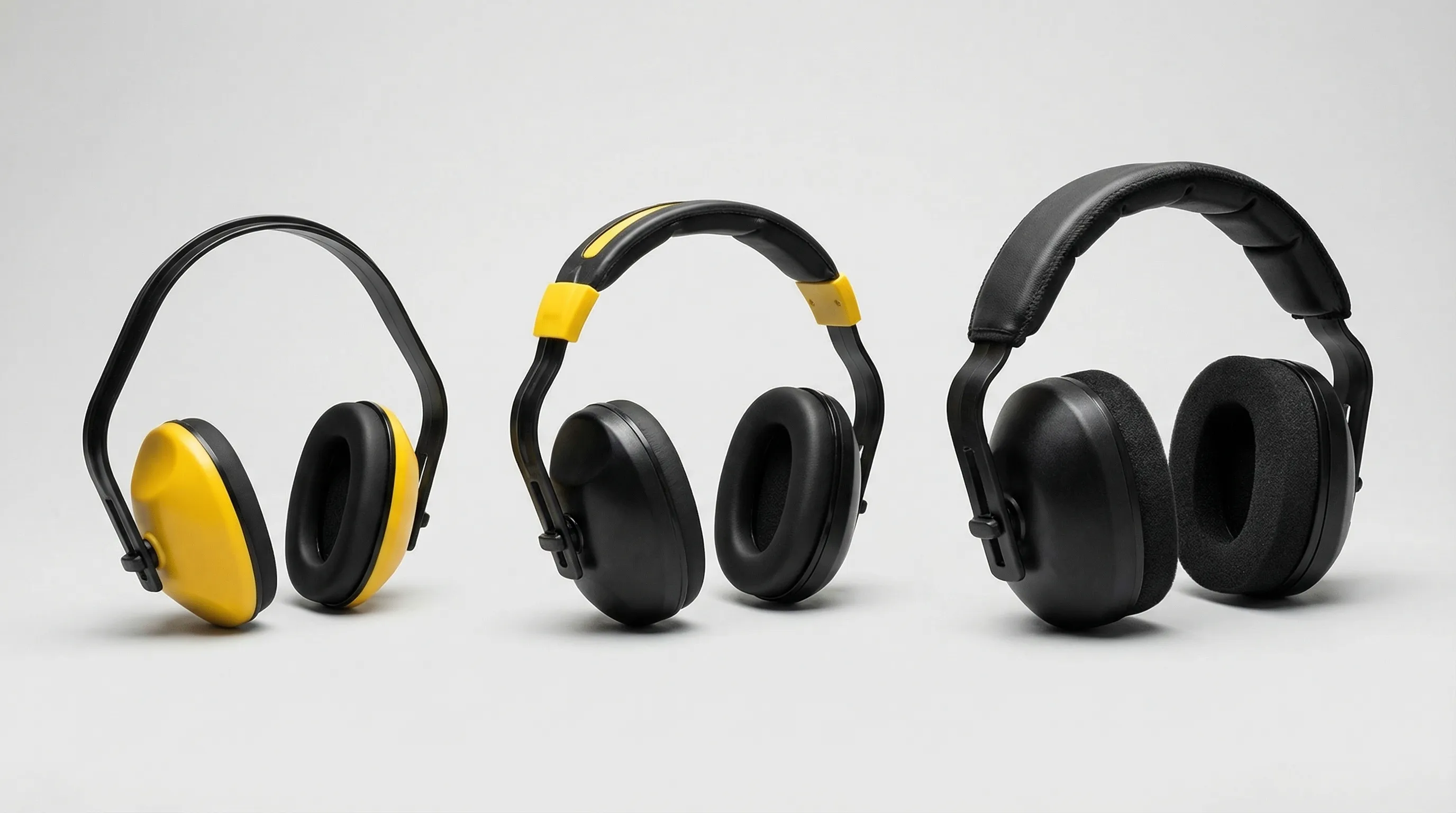 Three pairs of ear defenders shown side by side on a light grey background: a basic yellow budget pair on the left with small ear cups, a black and yellow mid-range pair in the centre with larger padded cups, and a bulkier black premium pair on the right with thick padded cups and a heavy-duty headband. Each pair is photographed from a three-quarter front angle.
