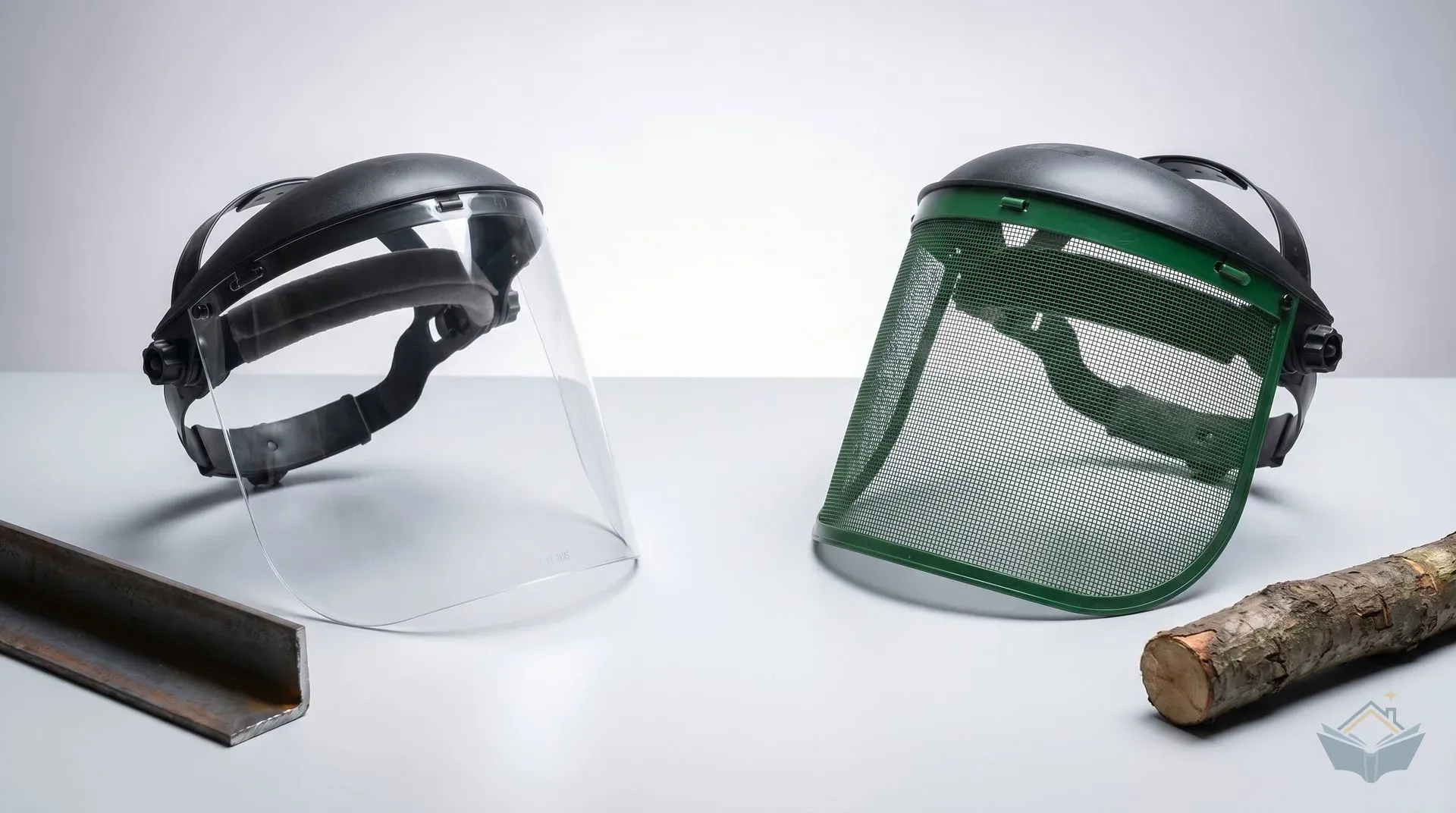 Side-by-side studio comparison of a clear polycarbonate browguard face shield (left, with EN 166 marking visible on the visor edge) and a forestry-style mesh face shield (right, with green-coated steel mesh visor), each placed next to a context prop , cut steel in front of the polycarbonate shield and a timber branch in front of the mesh shield.