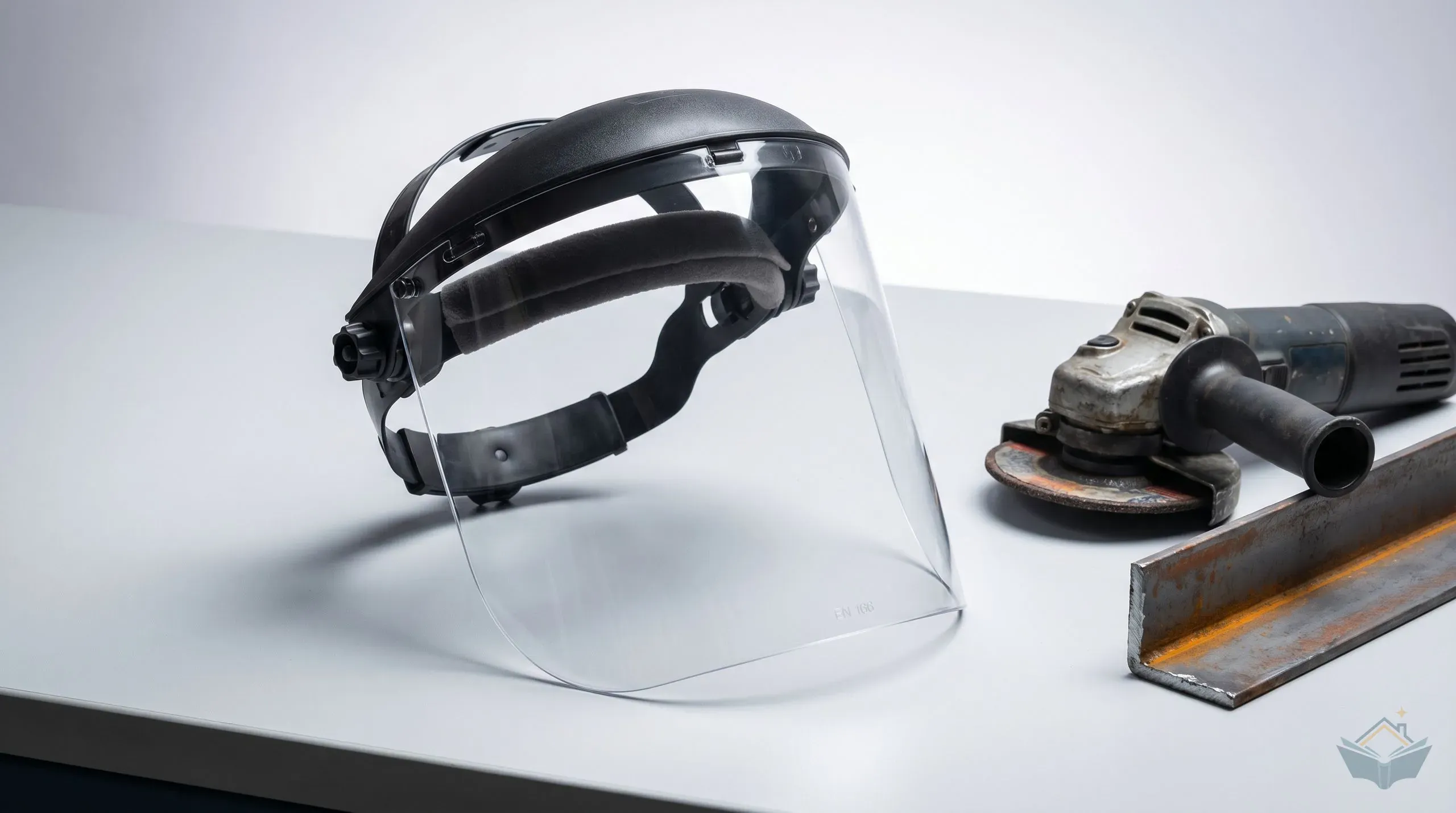 Clear polycarbonate face shield with browguard headgear resting on a workbench beside an angle grinder and a cut steel section, with sparks visible on the workpiece