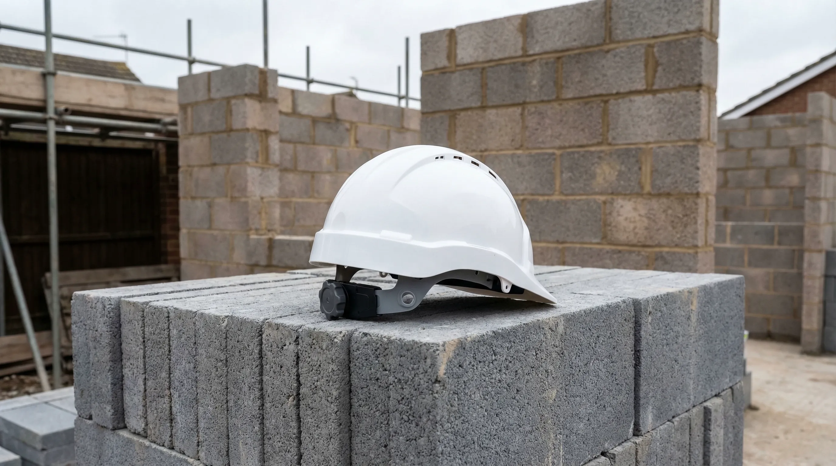 White hard hat sitting on a stack of concrete blocks at a residential extension build site