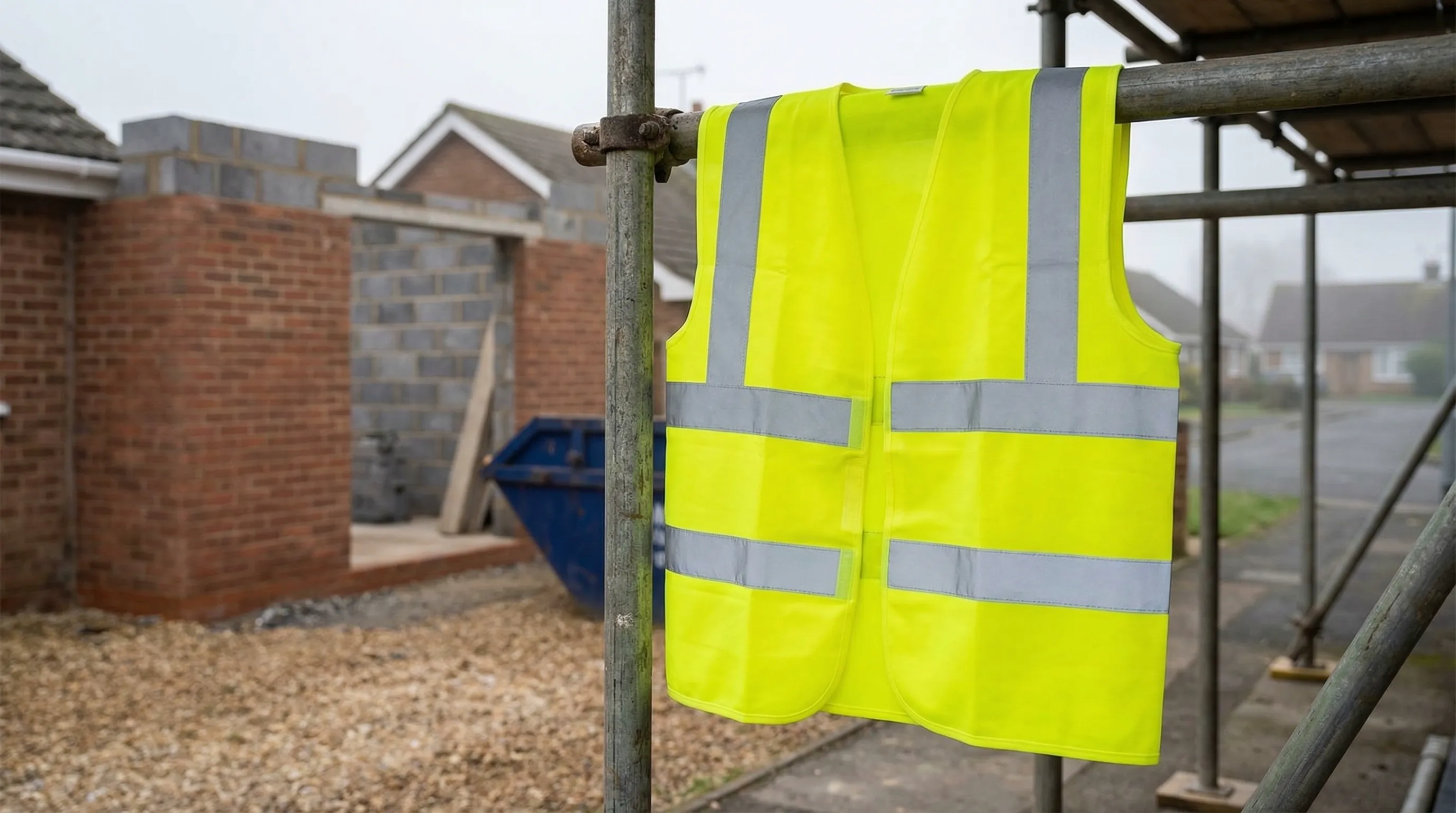 Yellow hi-vis vest with reflective strips draped over scaffolding at a residential extension site