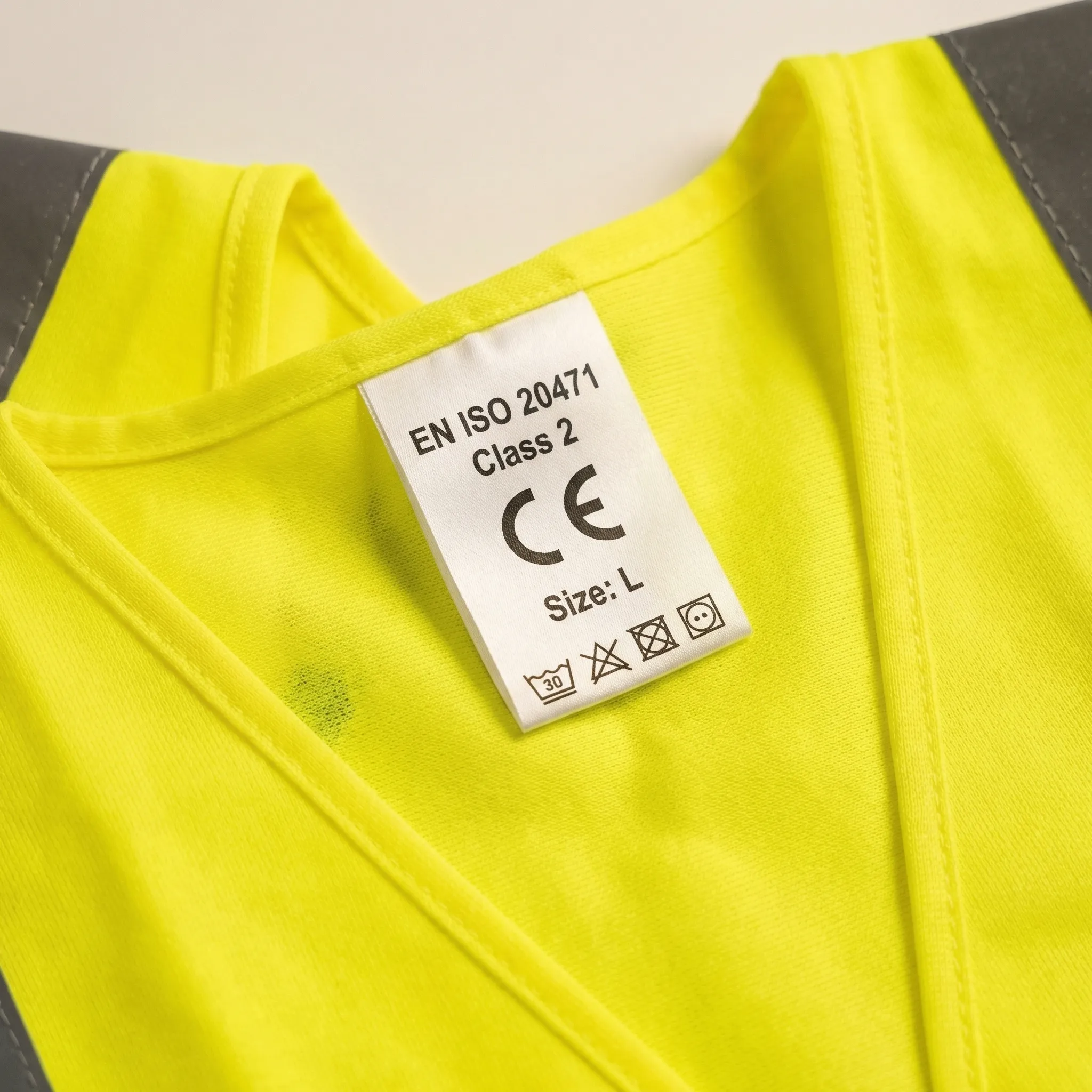 Close-up macro photograph of a fabric certification label sewn into the neck of a yellow hi-vis vest, showing the EN ISO 20471 standard number, Class 2 designation, CE marking symbol, size information, and laundry care symbols against the bright fluorescent yellow fabric.