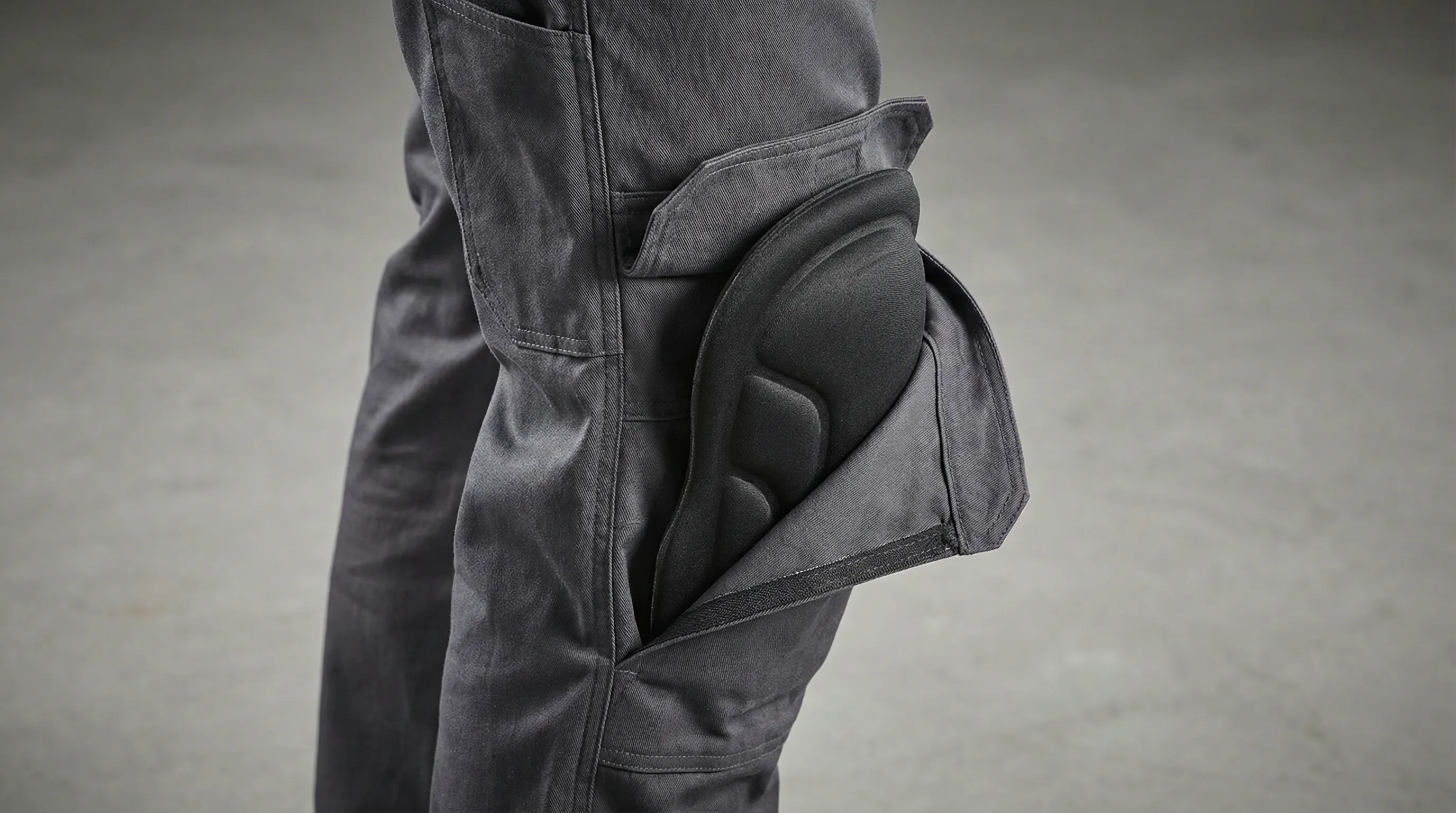 Close-up of a dark grey work trouser knee showing the internal knee pad pocket flap open with a contoured black foam insert being slid into the pocket cavity, revealing the shaped profile designed to sit over the kneecap.