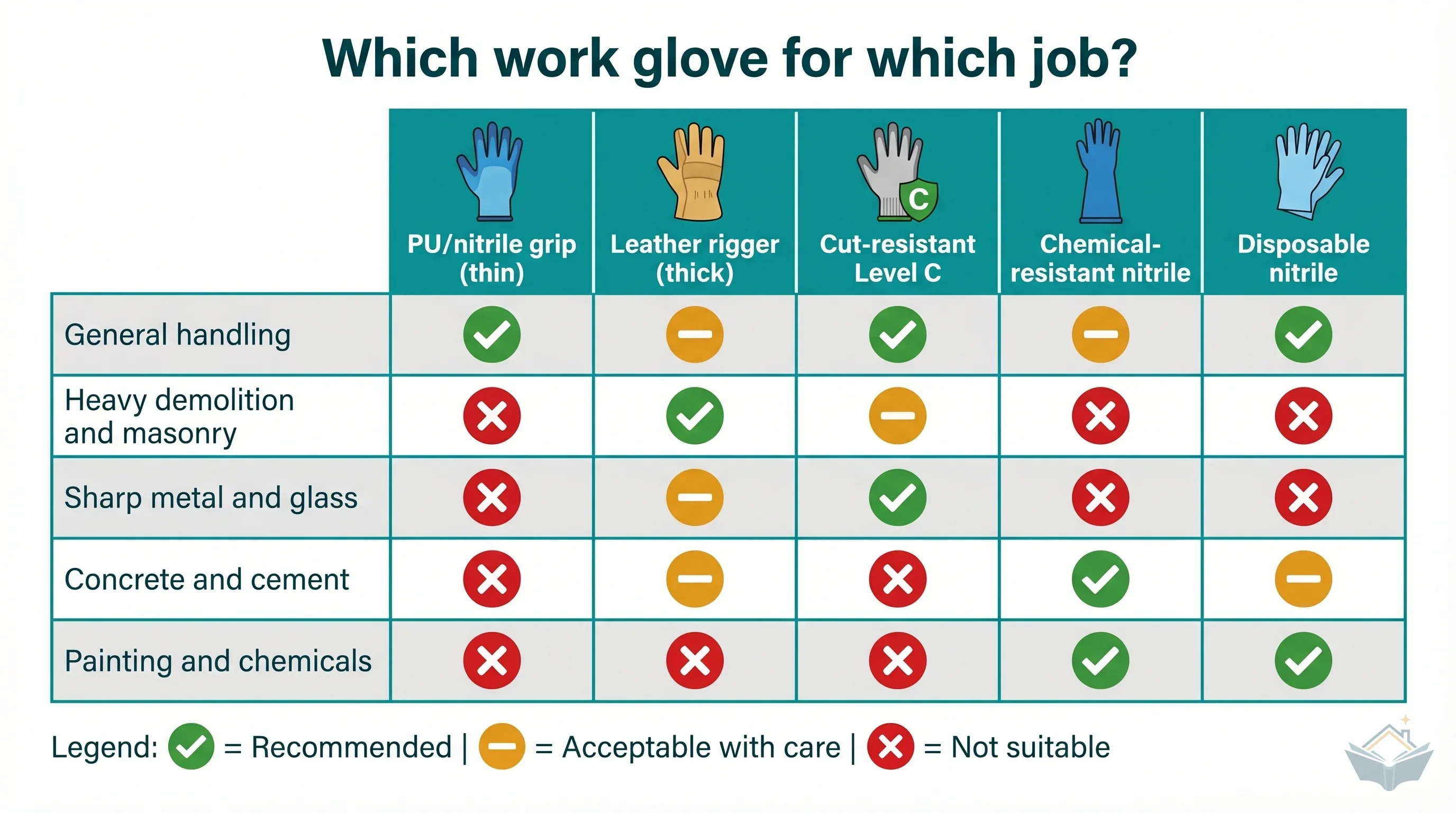 Glove selection matrix table titled 'Which work glove for which job' showing five glove types as columns (PU or nitrile grip, leather rigger, cut-resistant level C, chemical-resistant nitrile, disposable nitrile) and five task rows (general handling, heavy demolition and masonry, sharp metal or glass, concrete and cement, painting and chemicals), with green ticks for recommended, amber circles for acceptable with care, and red crosses for not suitable.