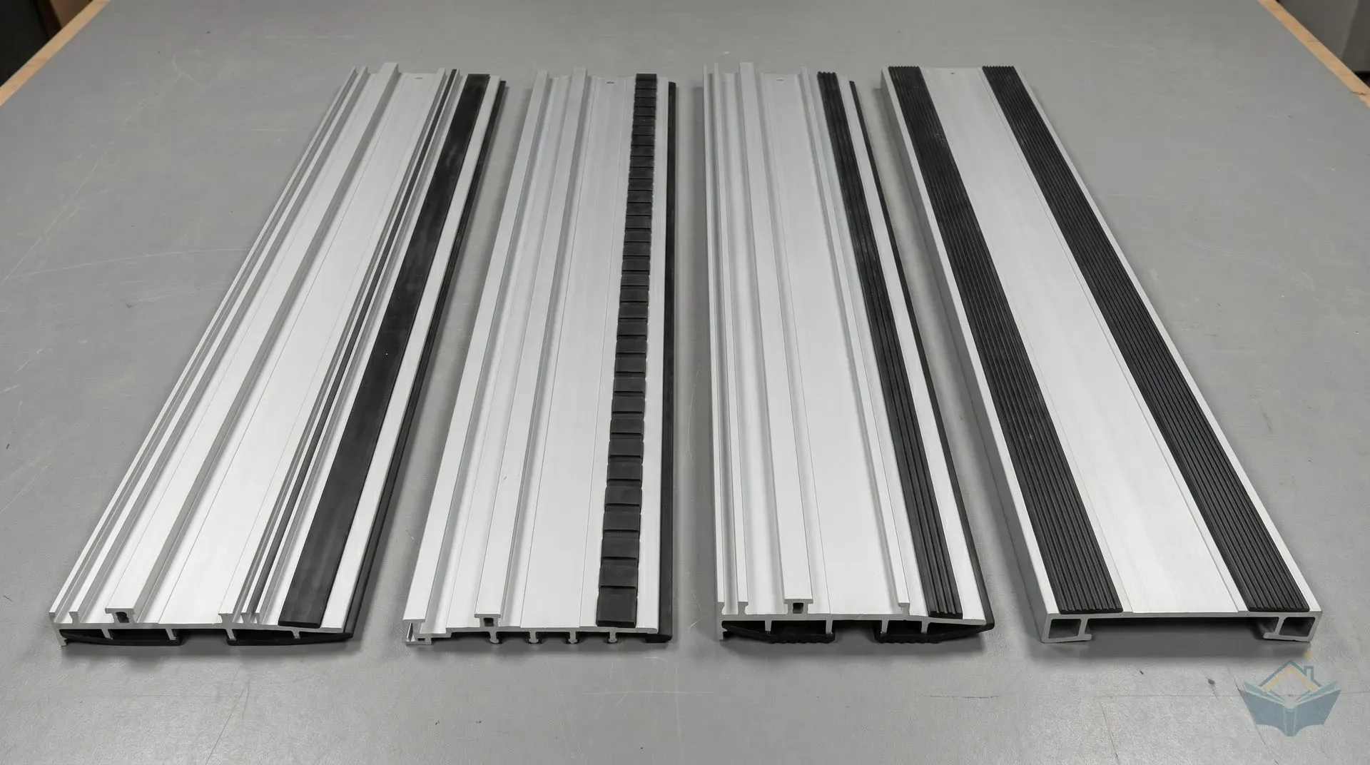 Four aluminium guide rail sections laid side by side on a workshop bench, viewed from above, showing the differing groove profiles, splinter strip positions, and anti-slip strip layouts of universal and brand-specific rail types.