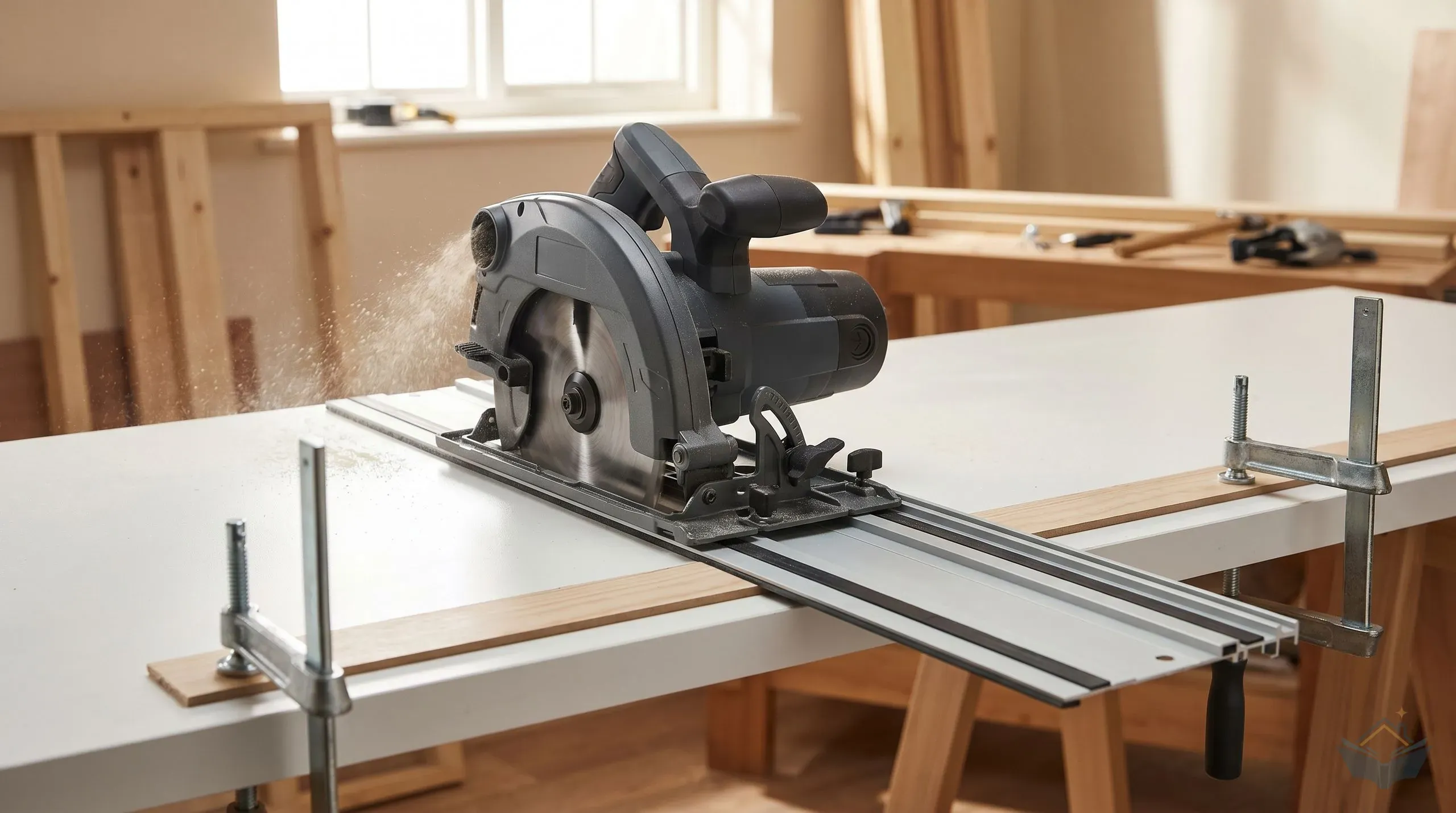 A circular saw mounted on an aluminium guide rail clamped to a sheet of plywood, showing the splinter strip running along the rail edge against the cut line