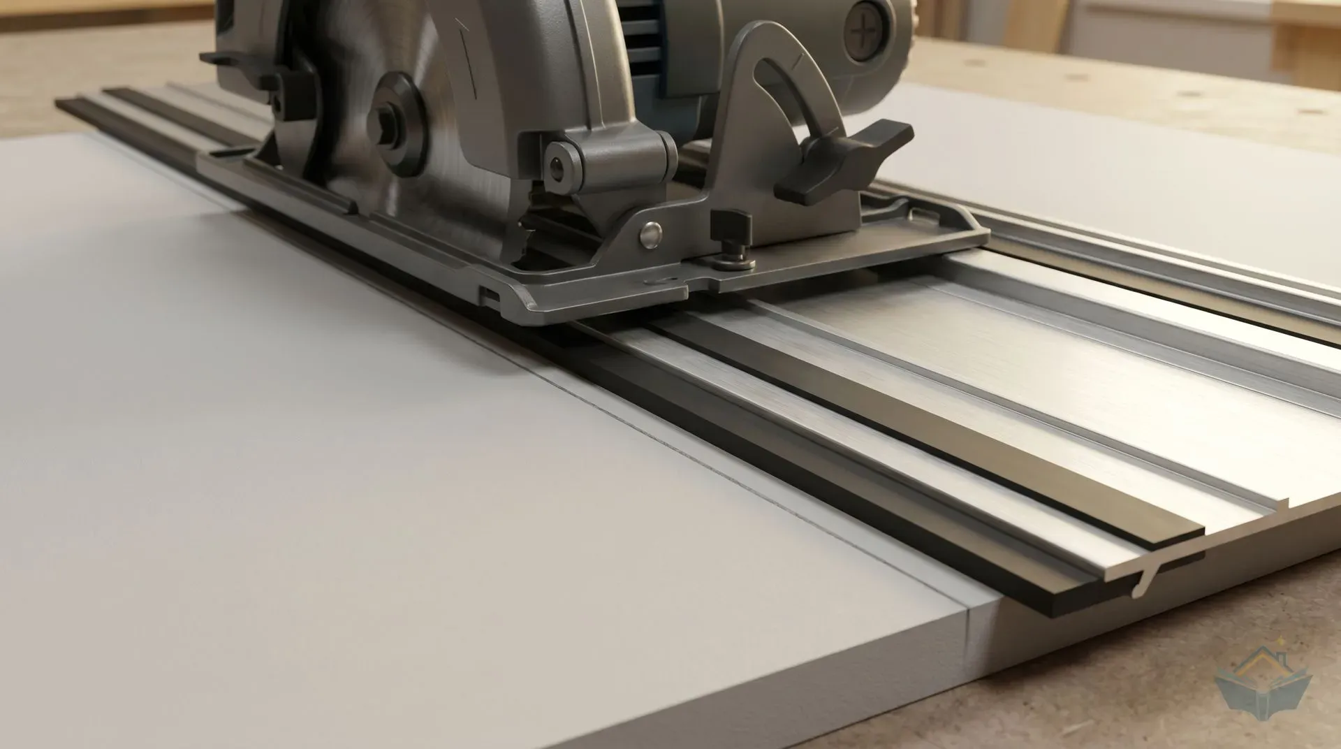 A circular saw positioned at the start of a calibration cut on a new guide rail laid on a sacrificial MDF sheet, showing the untrimmed rubber splinter strip projecting 1-2mm proud of the cut line, with a pencil line on the MDF marking the intended cut position.