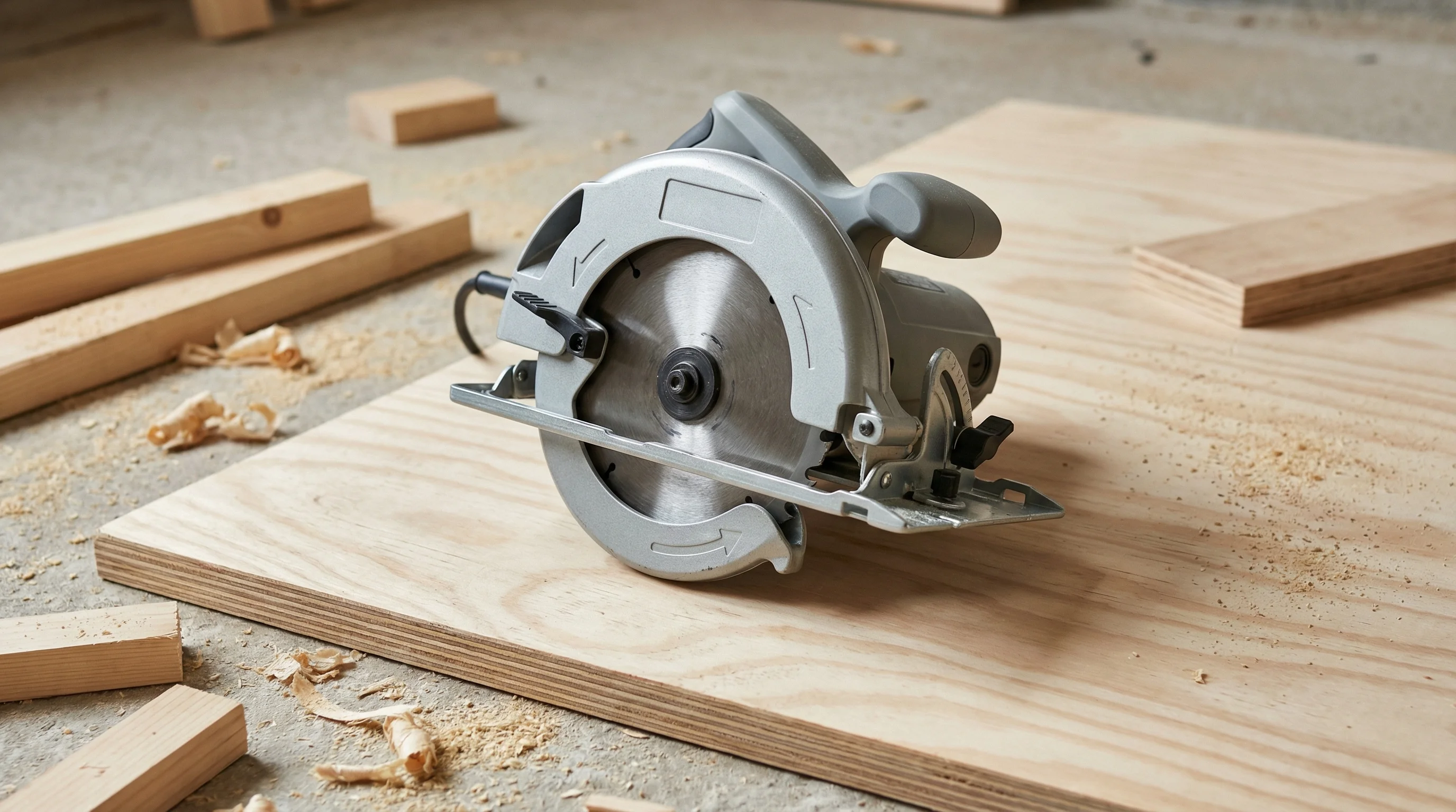 A corded circular saw with a TCT blade fitted, resting on a sheet of plywood beside offcuts on a building site
