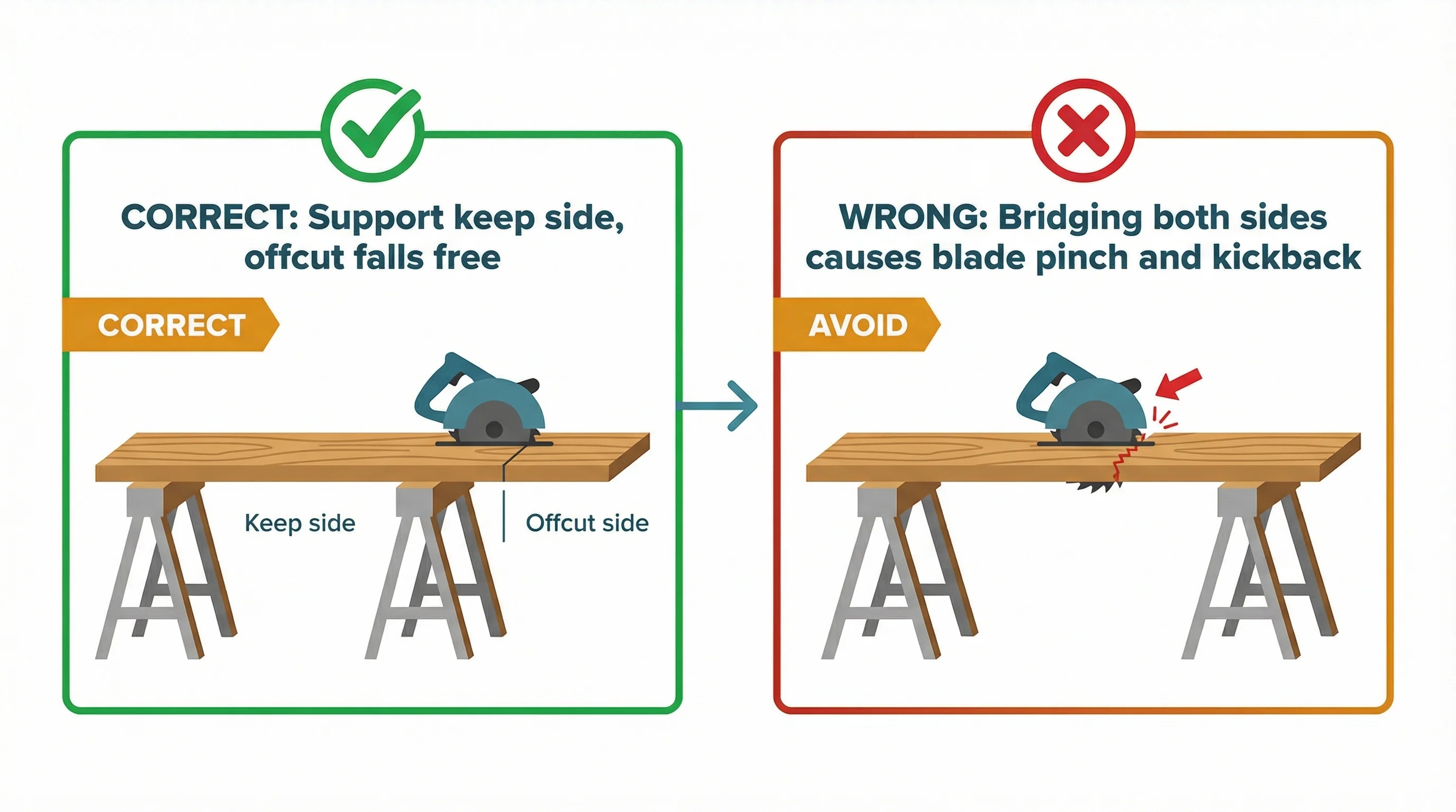 Side-by-side diagram showing the correct and incorrect way to support a plank for a circular saw cut. The correct setup shows the keep side fully supported on a sawhorse with the offcut side hanging free. The incorrect setup shows a plank bridged across two sawhorses at the cut point, which causes blade pinch and dangerous kickback.