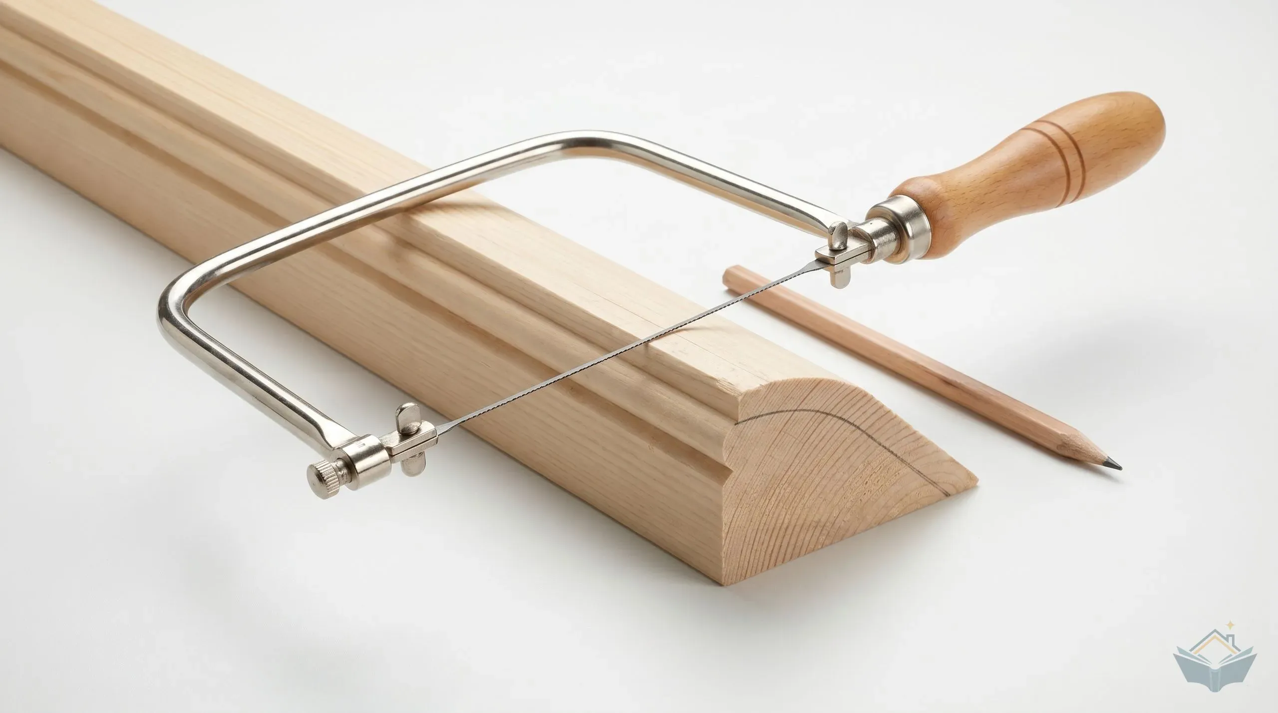 A coping saw resting on a length of softwood skirting board with a pencil-marked profile line ready to be cut