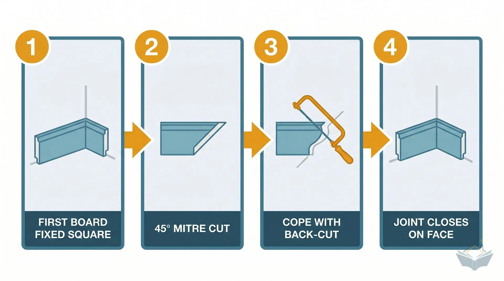 Four-panel flat vector infographic showing the scribing sequence for an internal skirting corner. Panel 1: first board butted square into a wall corner. Panel 2: 45-degree mitre cut exposing the torus profile face. Panel 3: coping saw following the profile line with the blade angled 20-30 degrees behind the face. Panel 4: finished coped joint closing cleanly against the fixed board.
